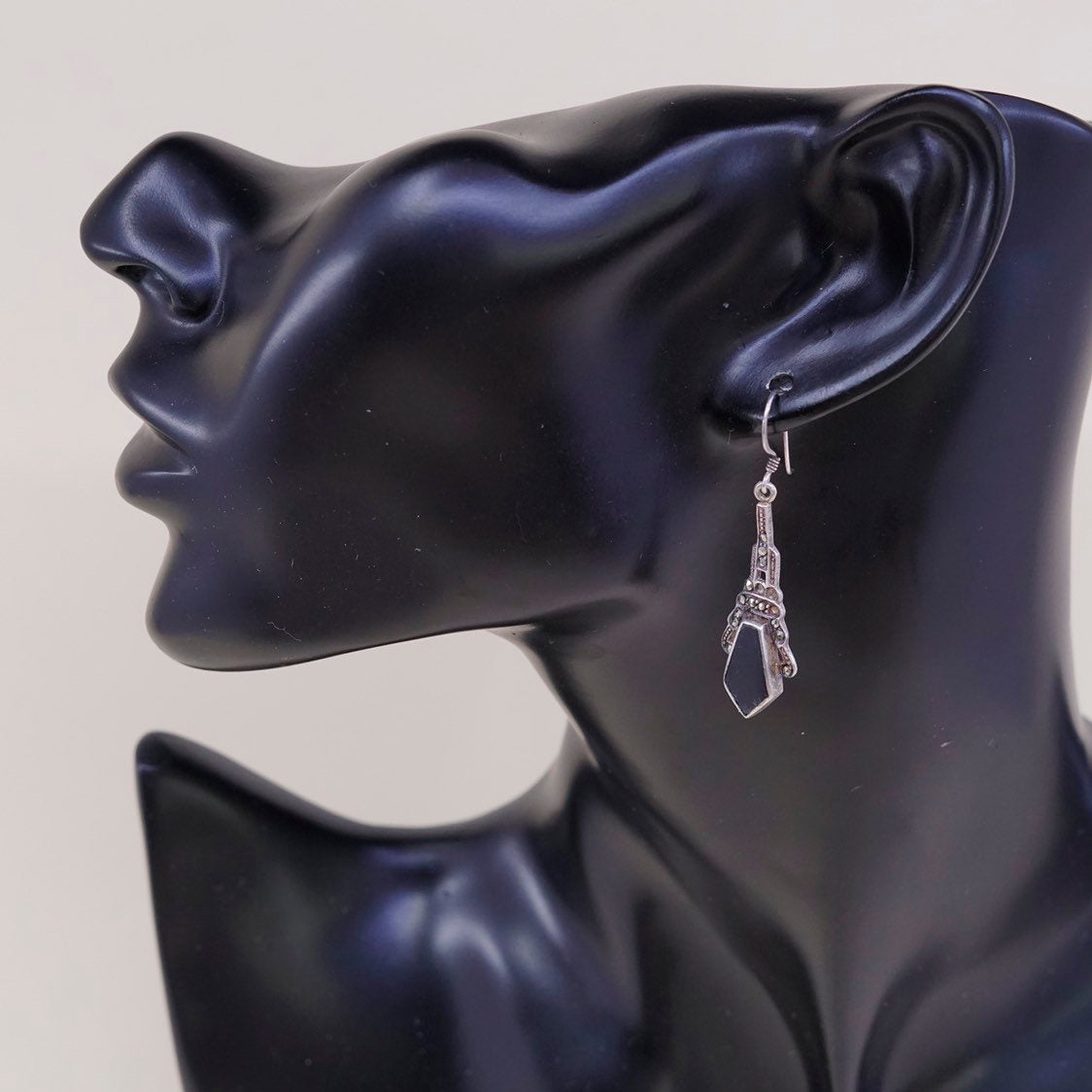 vtg Sterling 925 silver handmade earrings teardrop drops w/ obsidian n marcasite