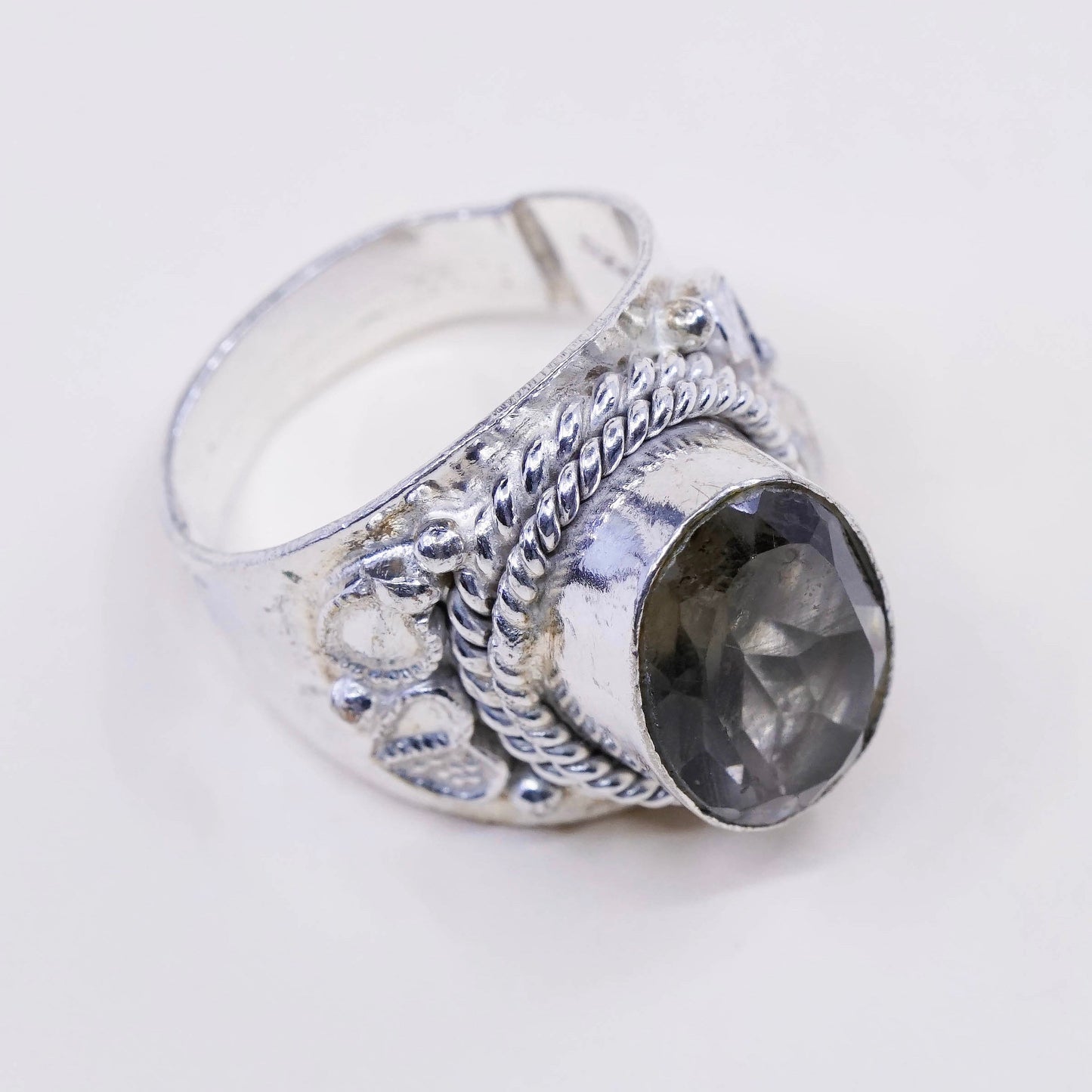 Size 9, vtg sterling 925 silver handmade statement ring w/ smoky topaz N cable