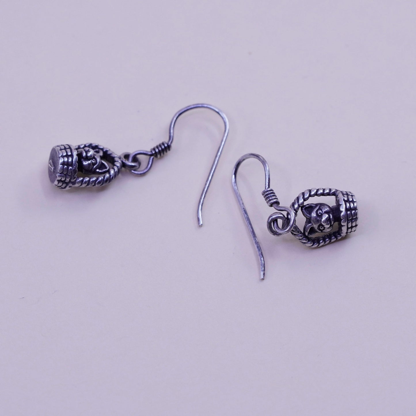 Vintage sterling silver handmade earrings, 925 dog puppy in basket dangles