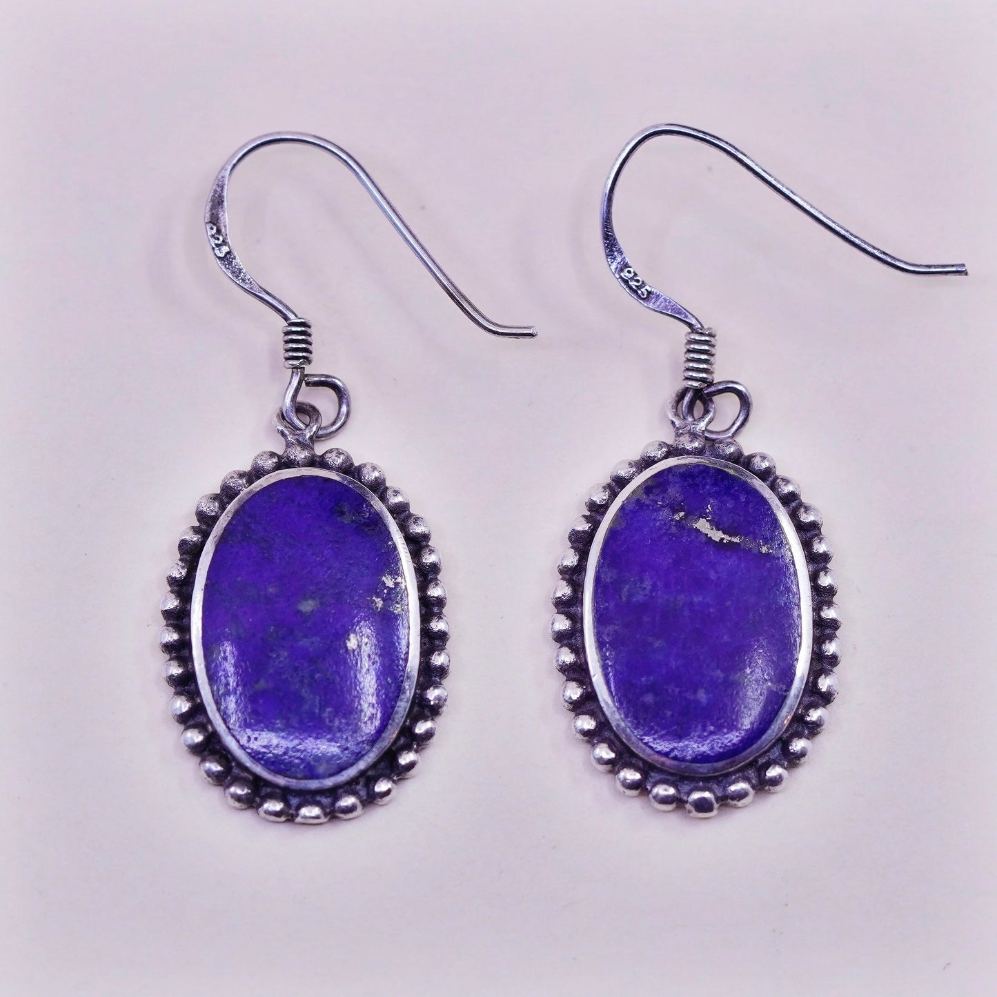 Vintage Sterling 925 Silver Handmade earrings with oval lapis lazuli and beads