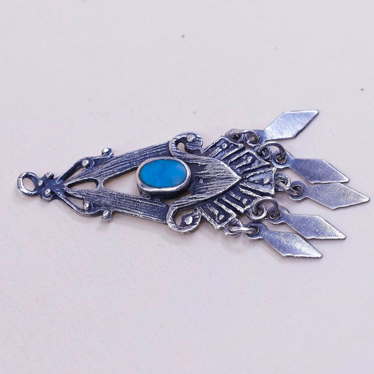 Sterling silver handmade pendant, 925 charm with turquoise and fringe dangles