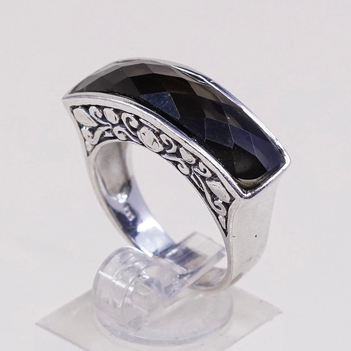 sz 9, vtg sterling 925 silver handmade statement ring w/ checker smoky topaz