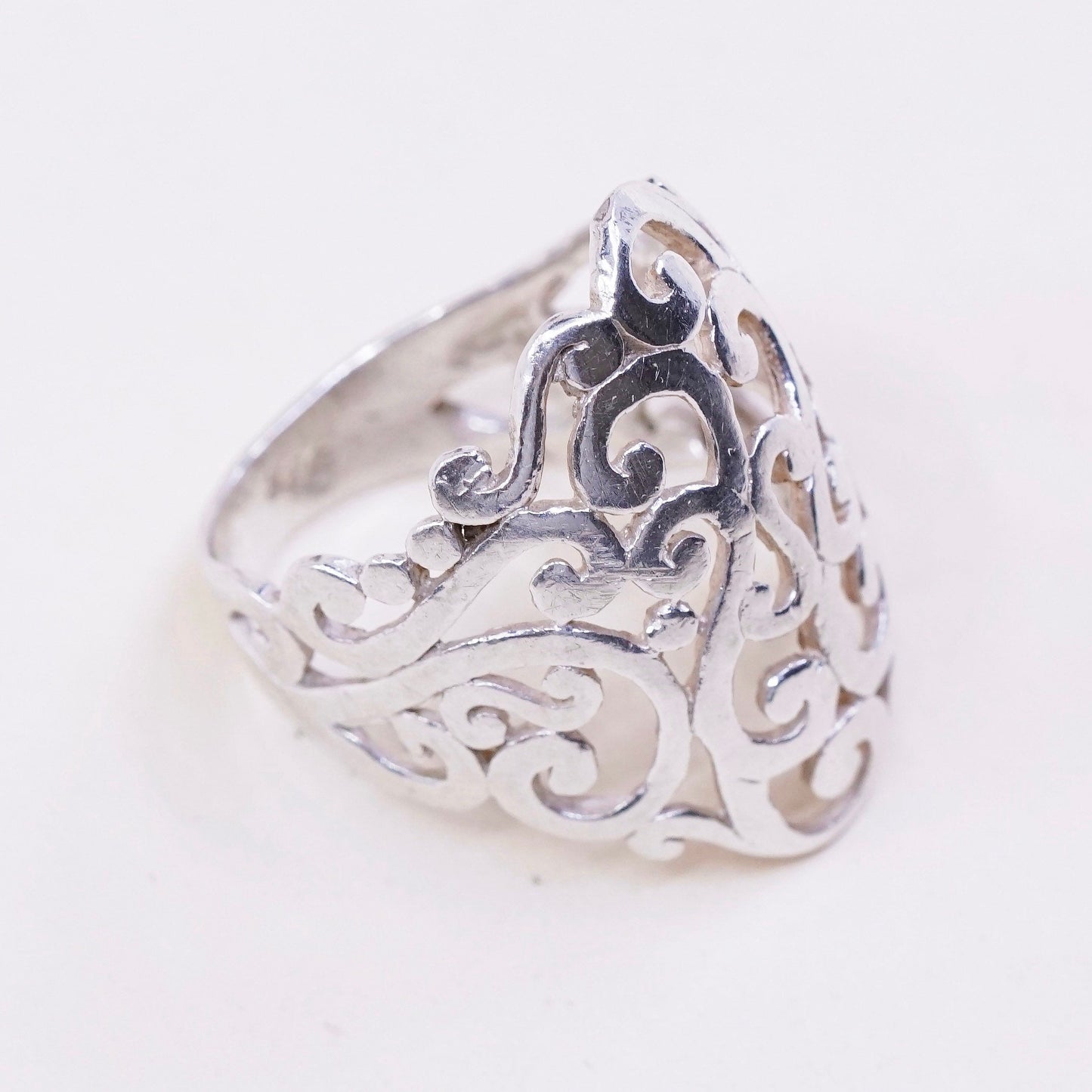 sz 5.5, vtg Sterling silver handmade ring, 925 wide band w/ Filigree swirl