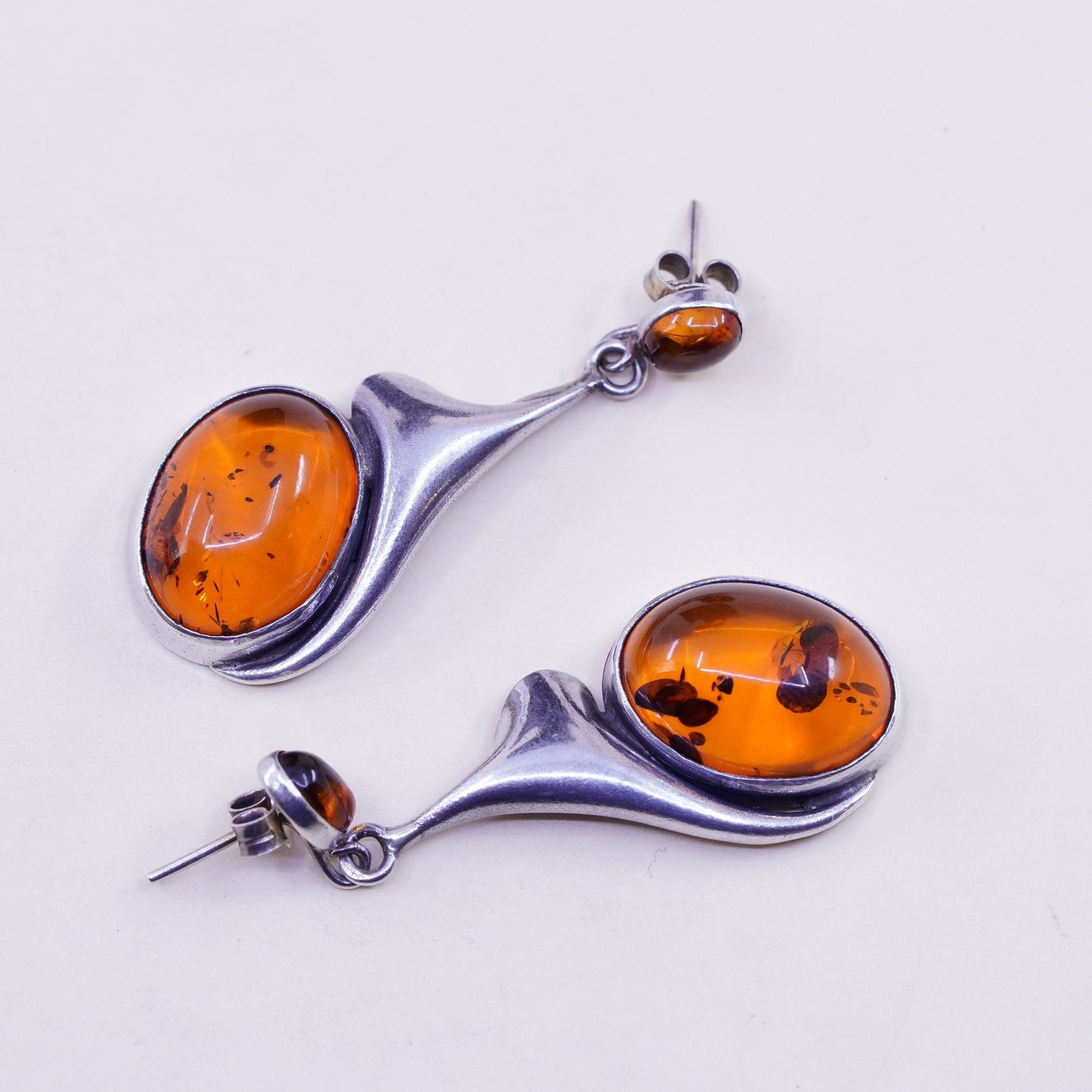 Vintage Sterling silver handmade earrings, 925 teardrop dangles with amber