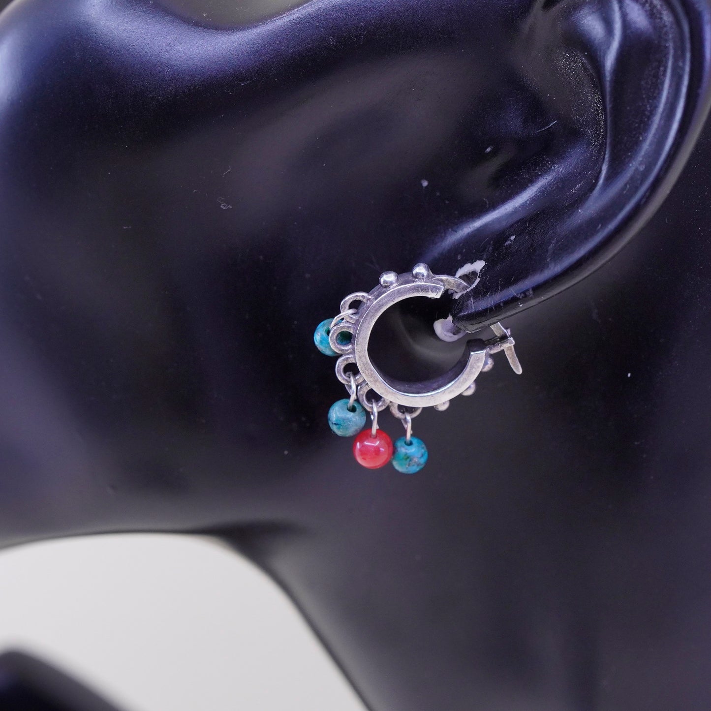 Sterling silver earrings, 925 hoops Huggie w/ cluster turquoise carnelian beads