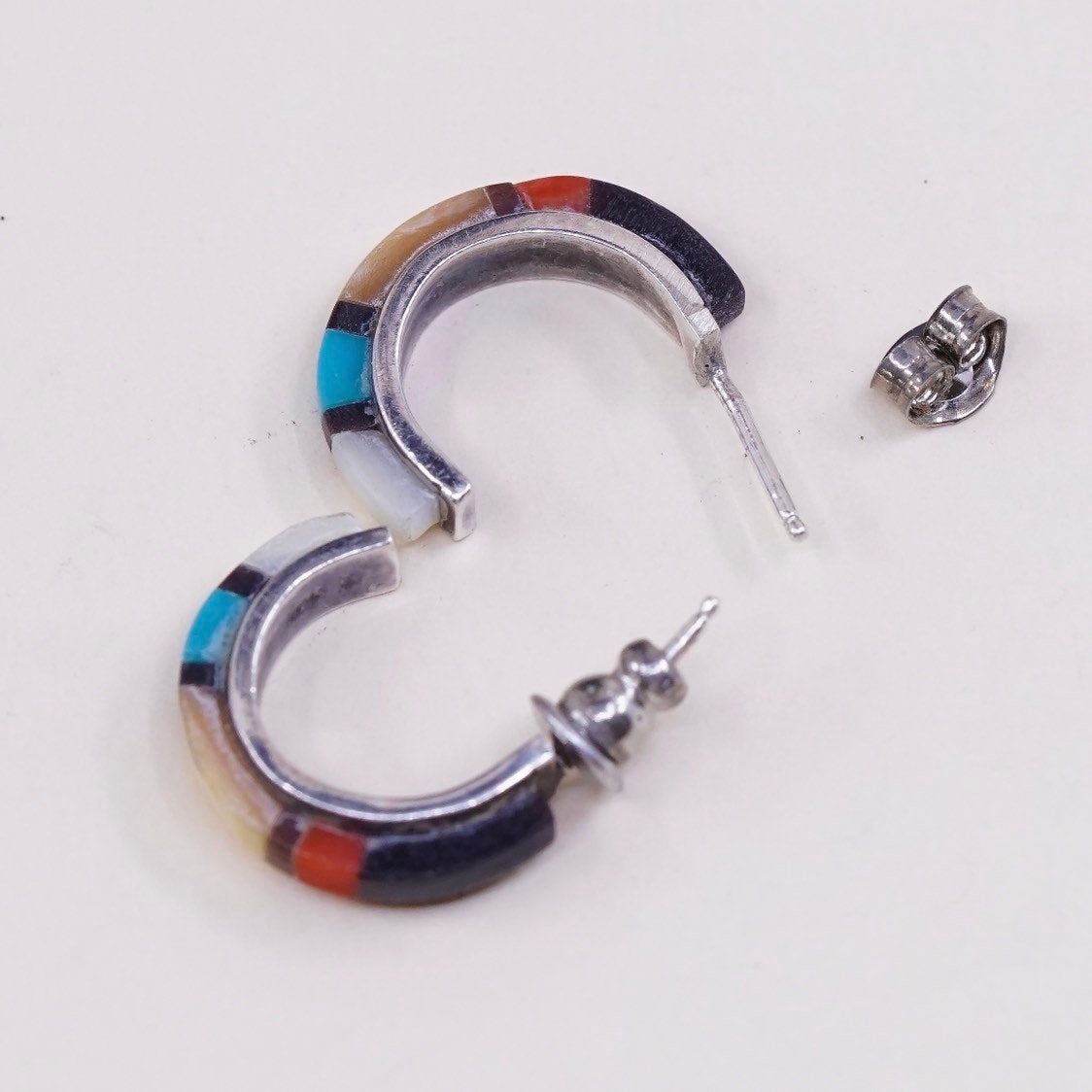 Native American Sterling 925 silver handmade earrings, Hoops with zuni studs