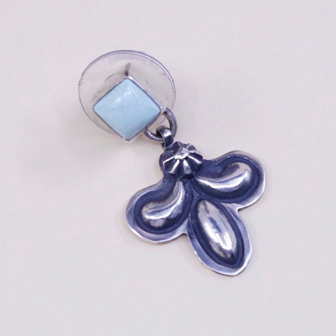vtg Sterling silver handmade earrings, 925 teardrop drop w/ Larimar
