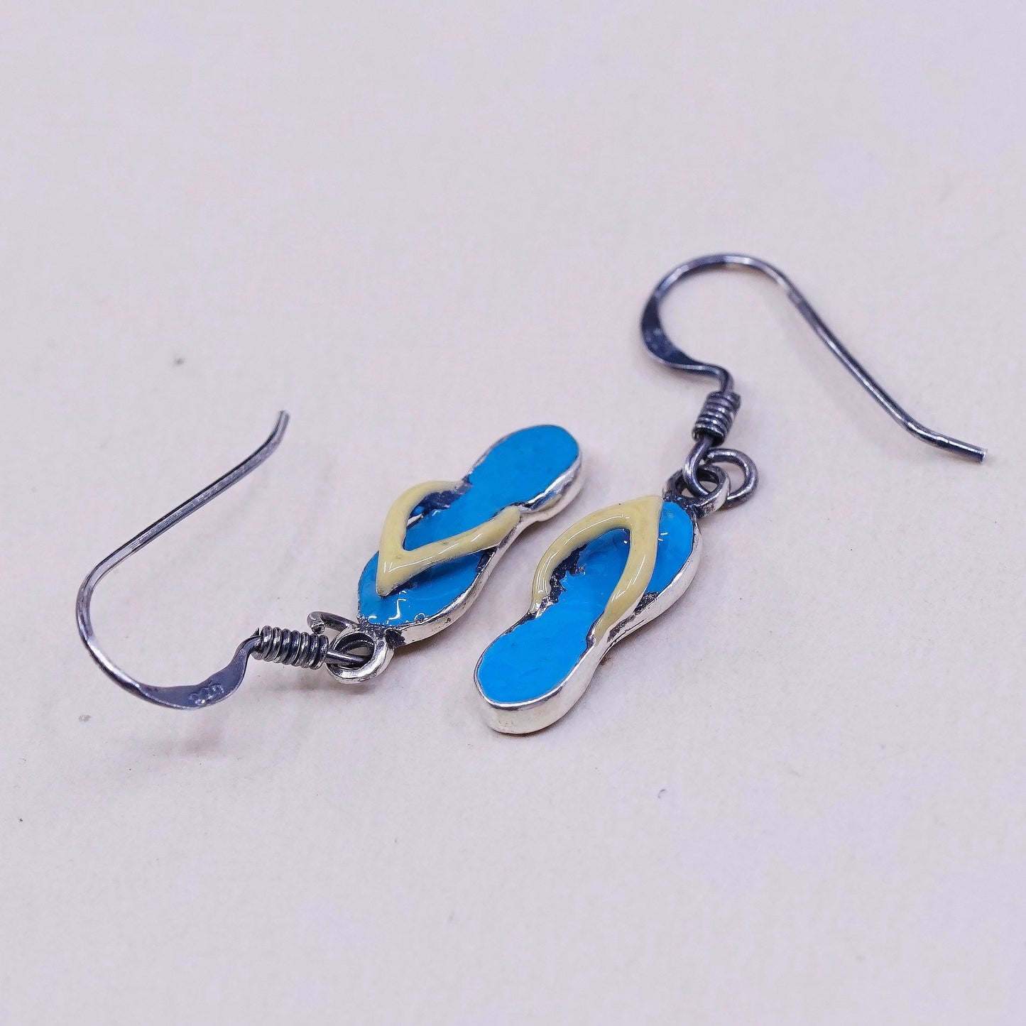 vtg sterling silver handmade earrings, 925 flip flop sandals w/ blue enamel