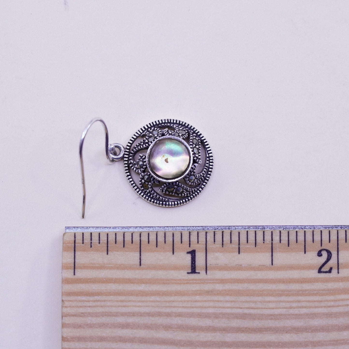 Vintage Sterling silver handmade earrings, 925 circle with abalone marcasite