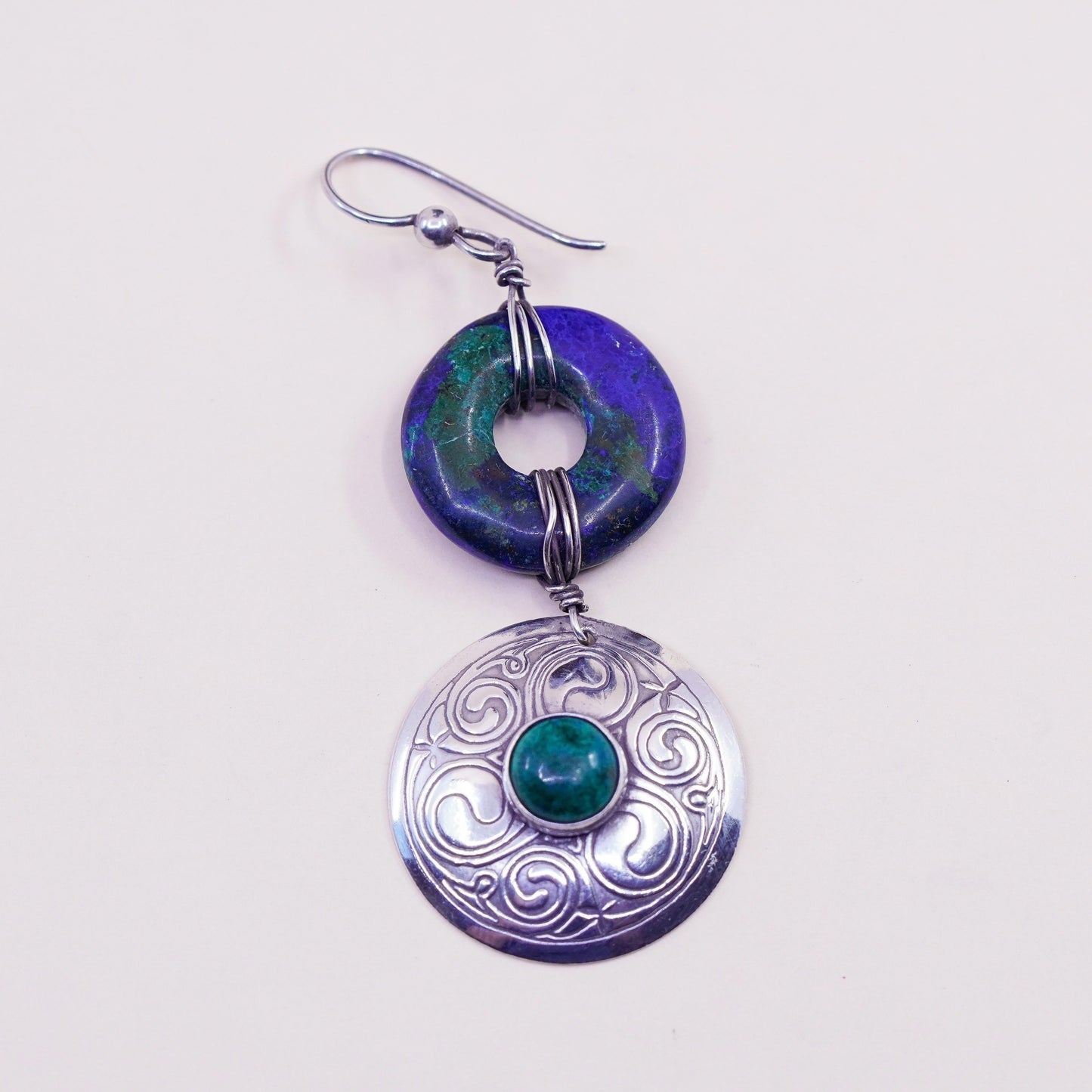 Vintage Sterling 925 silver handmade earrings with azurite and circle dangles