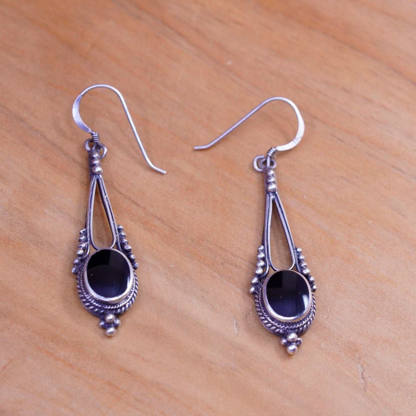 Vintage Sterling silver handmade earrings, Mexico 925 beads with oval obsidian