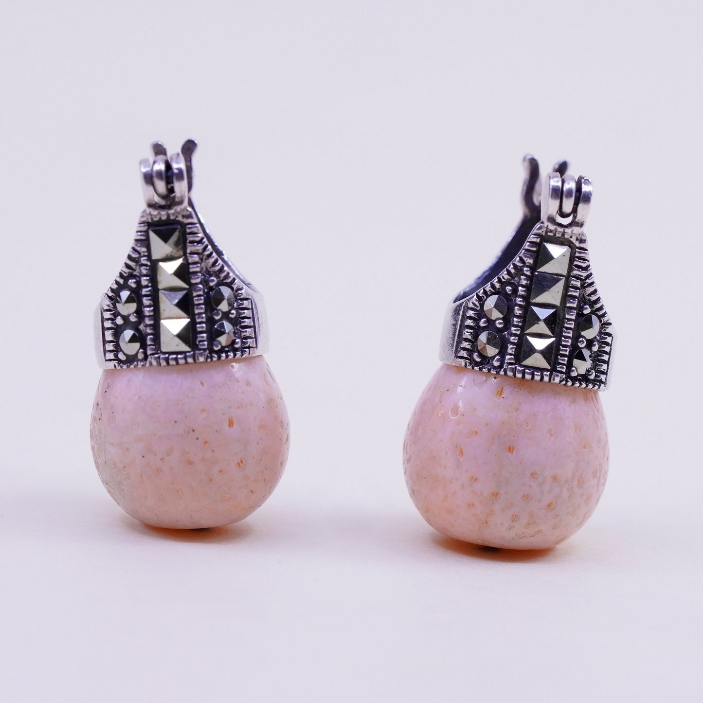 Vintage sterling 925 silver handmade earrings, coral with marcasite details