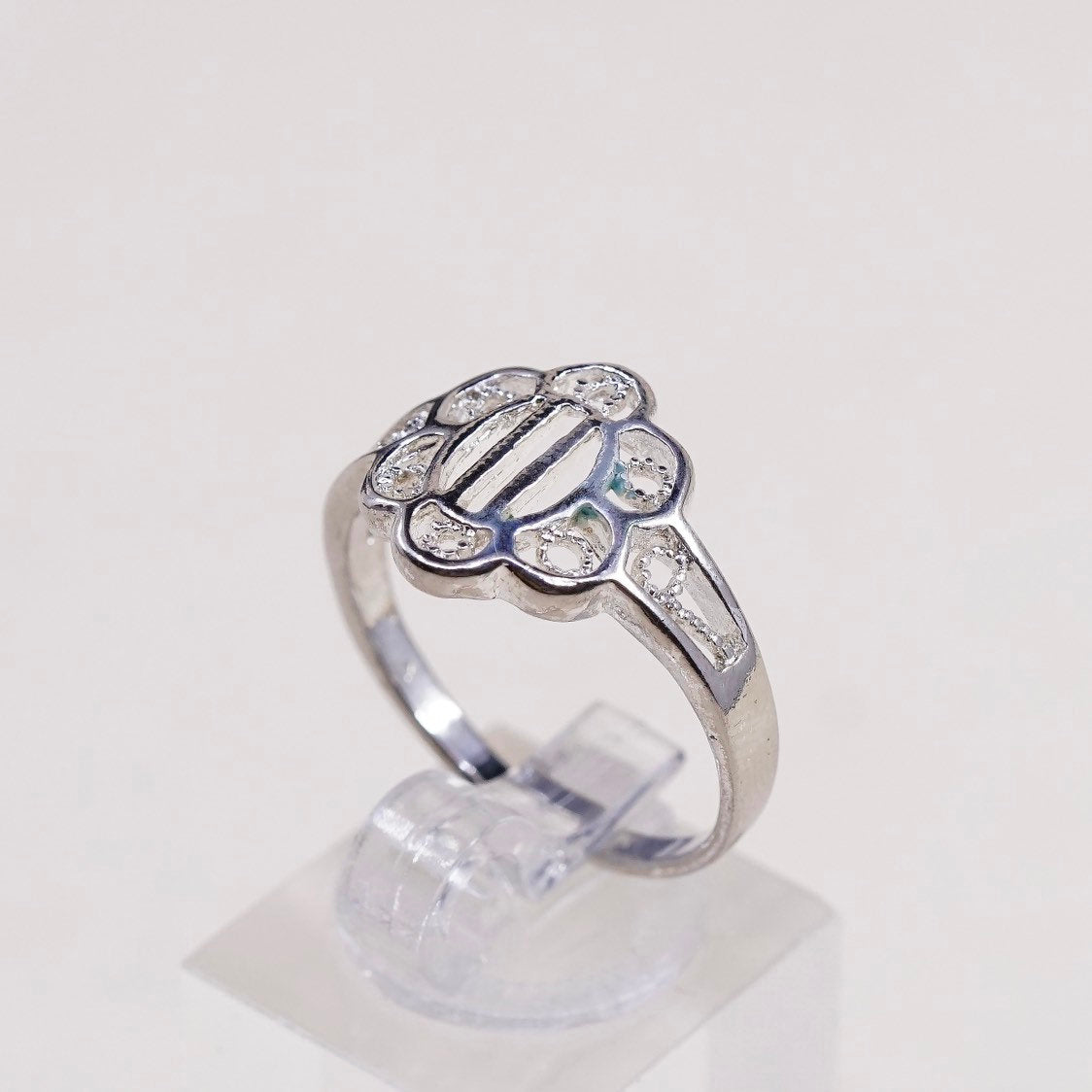 sz 9.25, vtg sterling silver handmade ring, 925 flower band w/ filigree