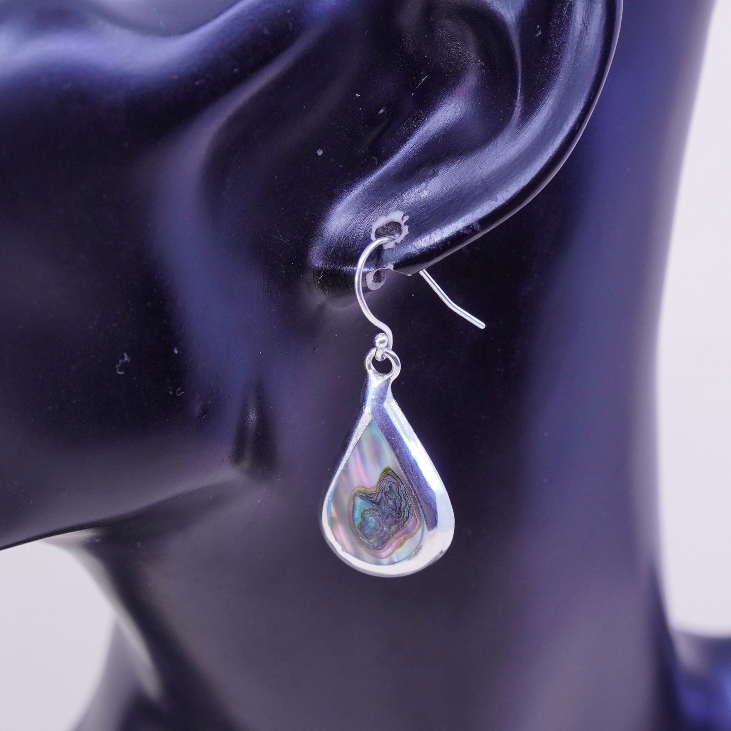 Vintage Mexico sterling 925 silver handmade teardrop earrings with abalone