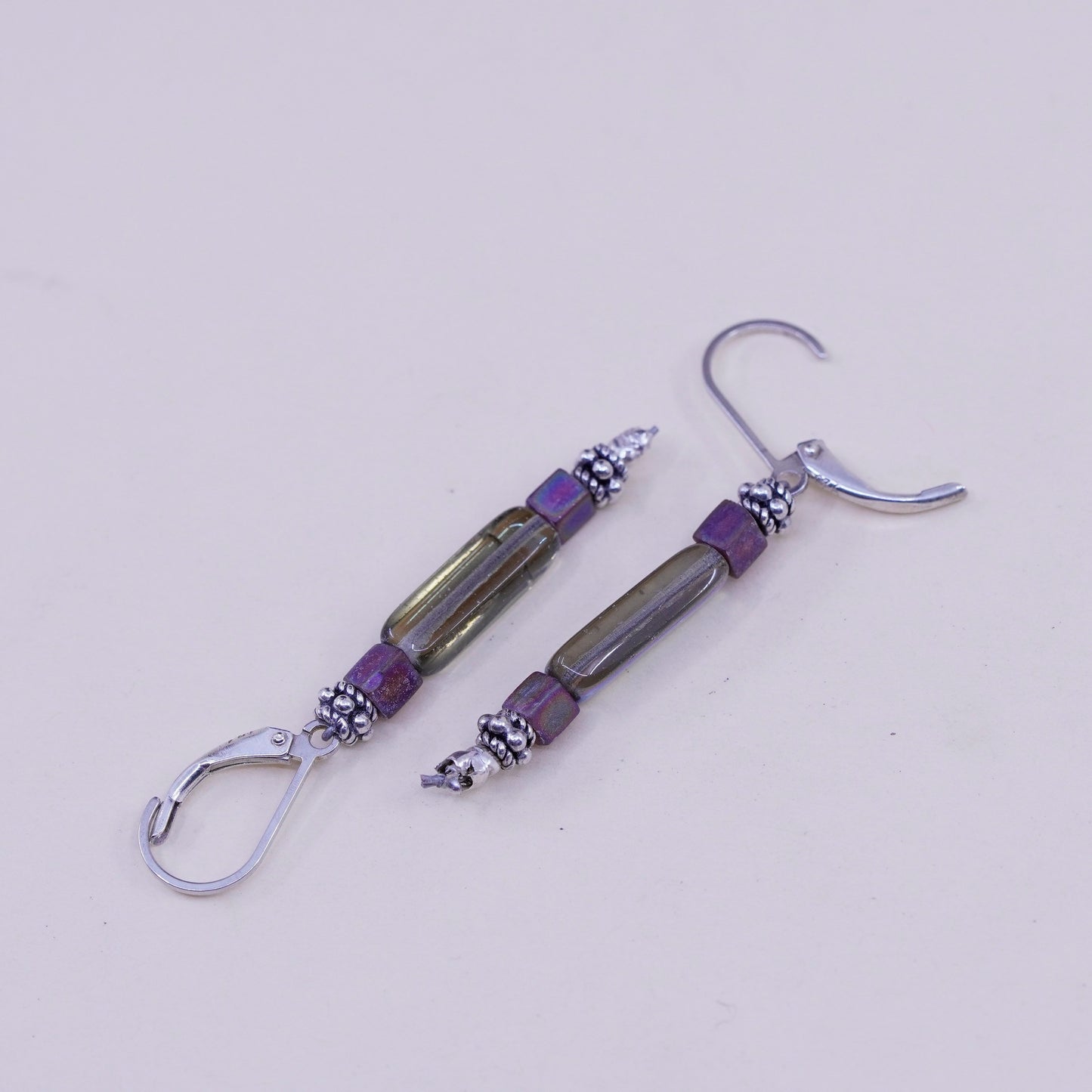 Vintage Sterling 925 silver handmade earrings with artisan glass tube amethyst