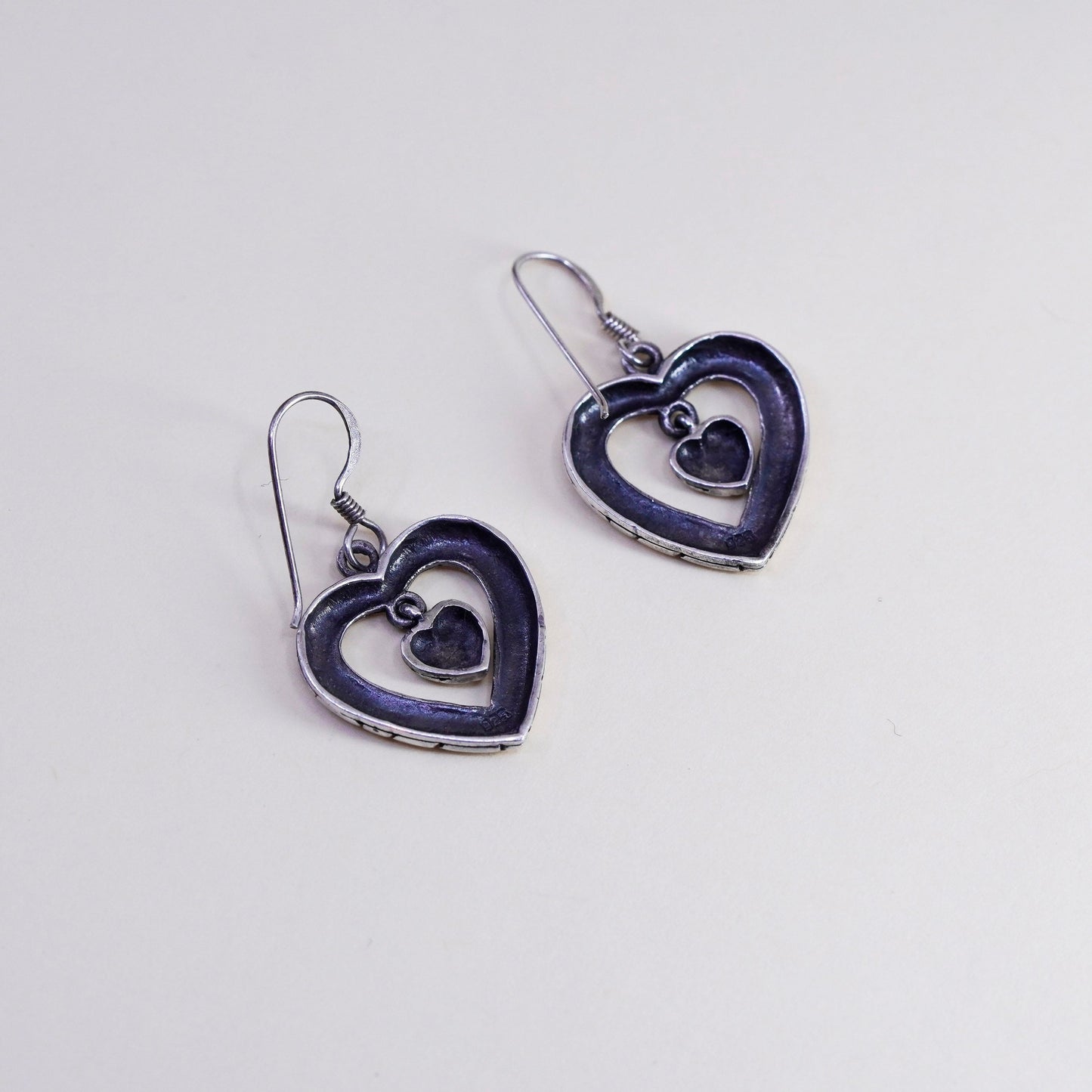 Vintage sterling silver handmade earrings, textured 925 heart dangles