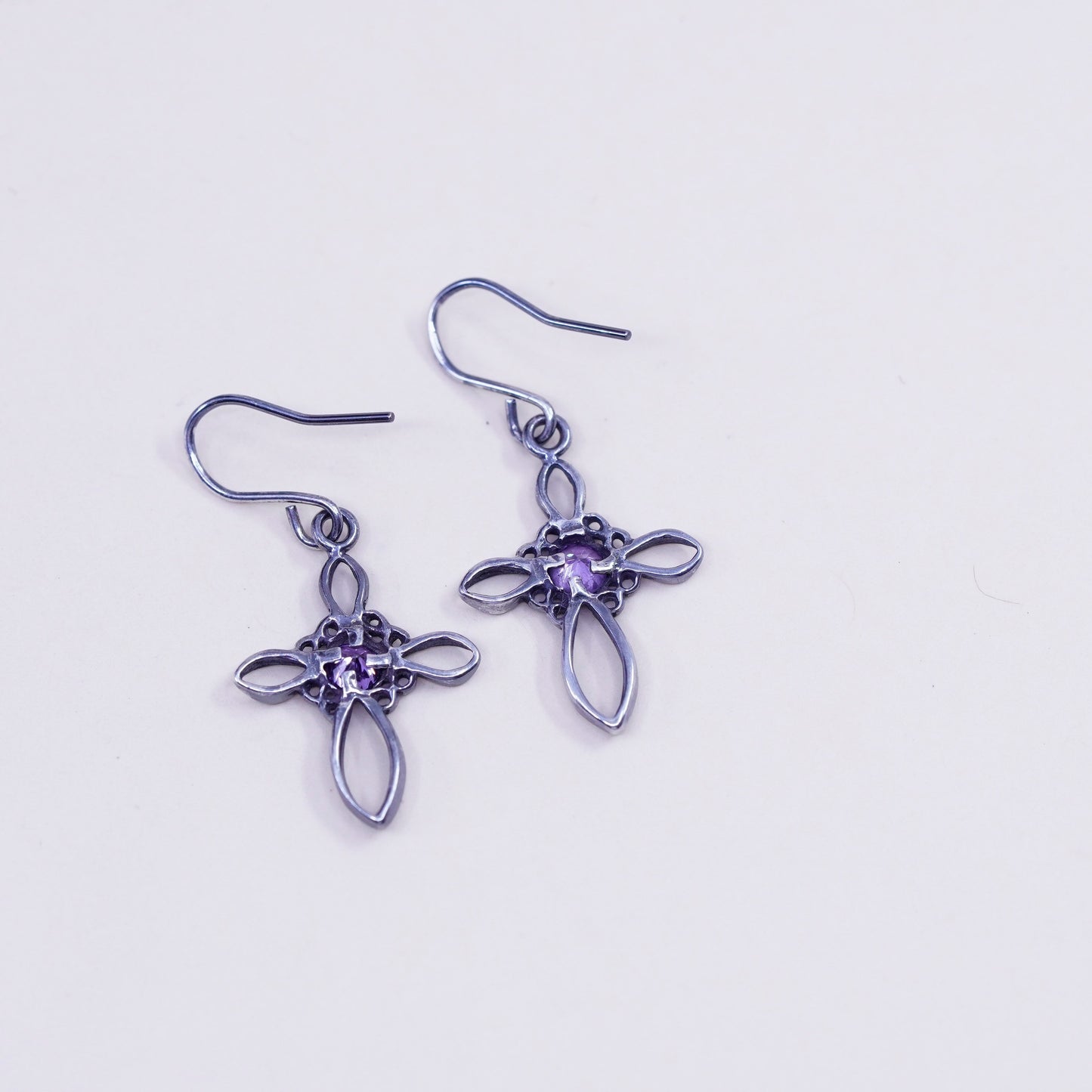 Vintage Sterling 925 silver earrings, filigree cross with amethyst