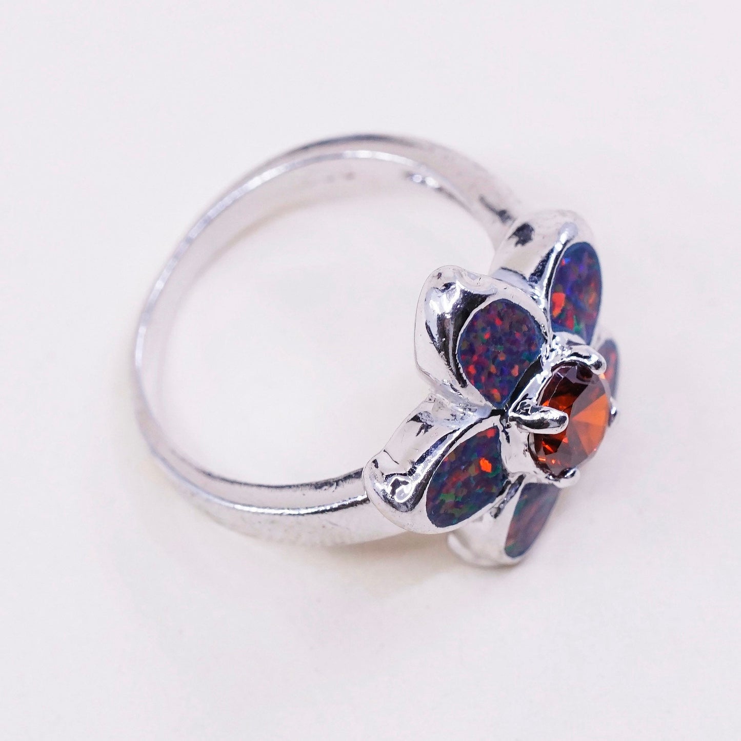 sz 6, Sterling 925 silver handmade flower ring w/ fire opal and ruby
