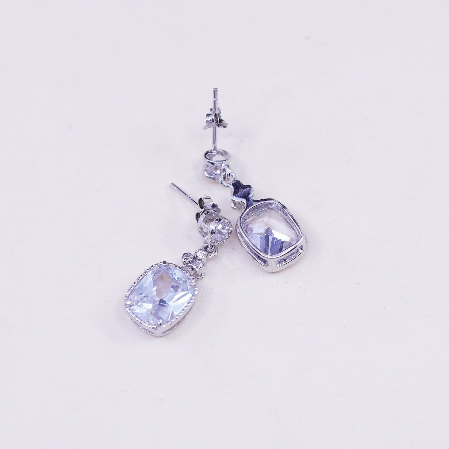 Vintage sterling 925 silver handmade earrings with rectangular CZ