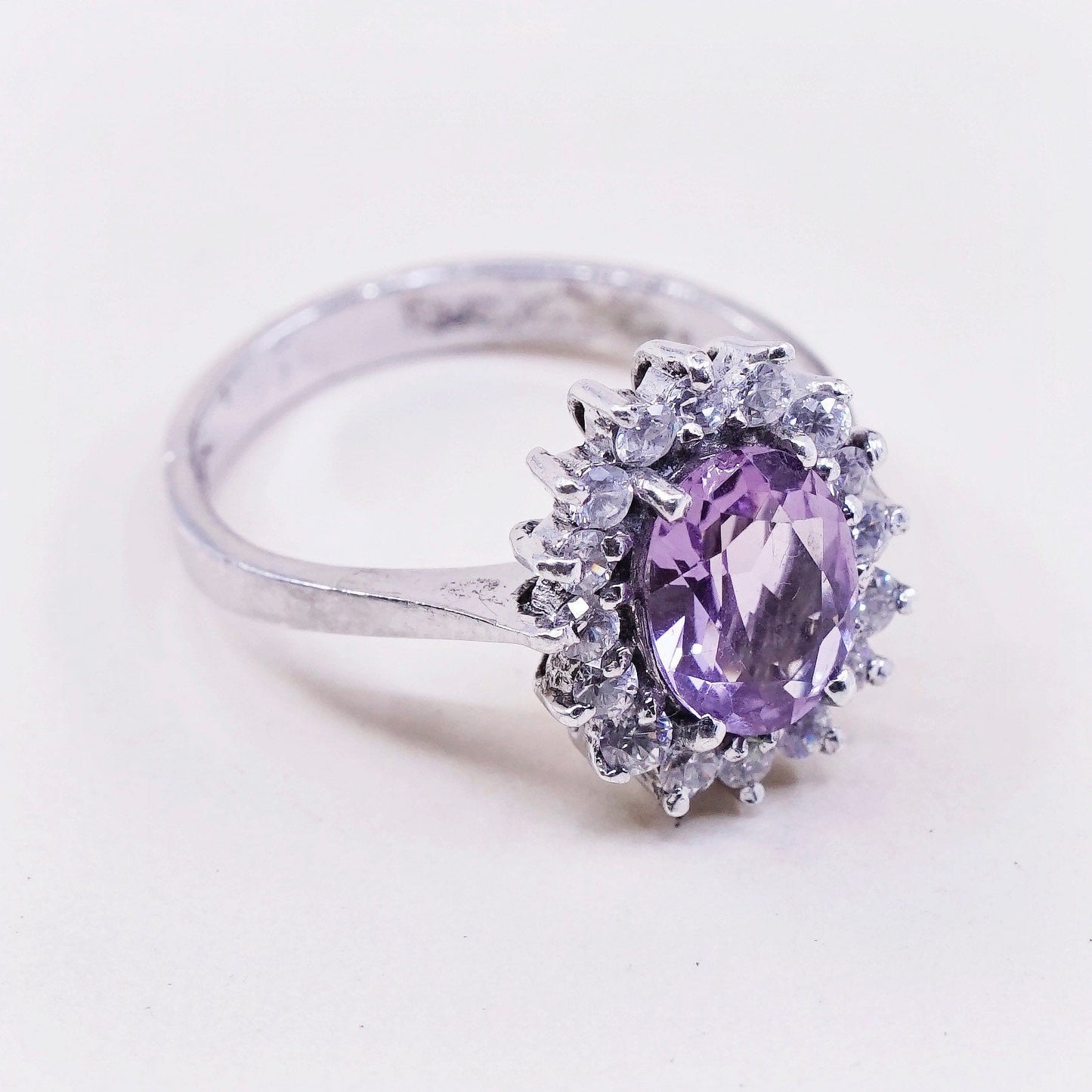 sz 5.75, vintage Sterling silver handmade cocktail ring, 925 w/ amethyst N Cz