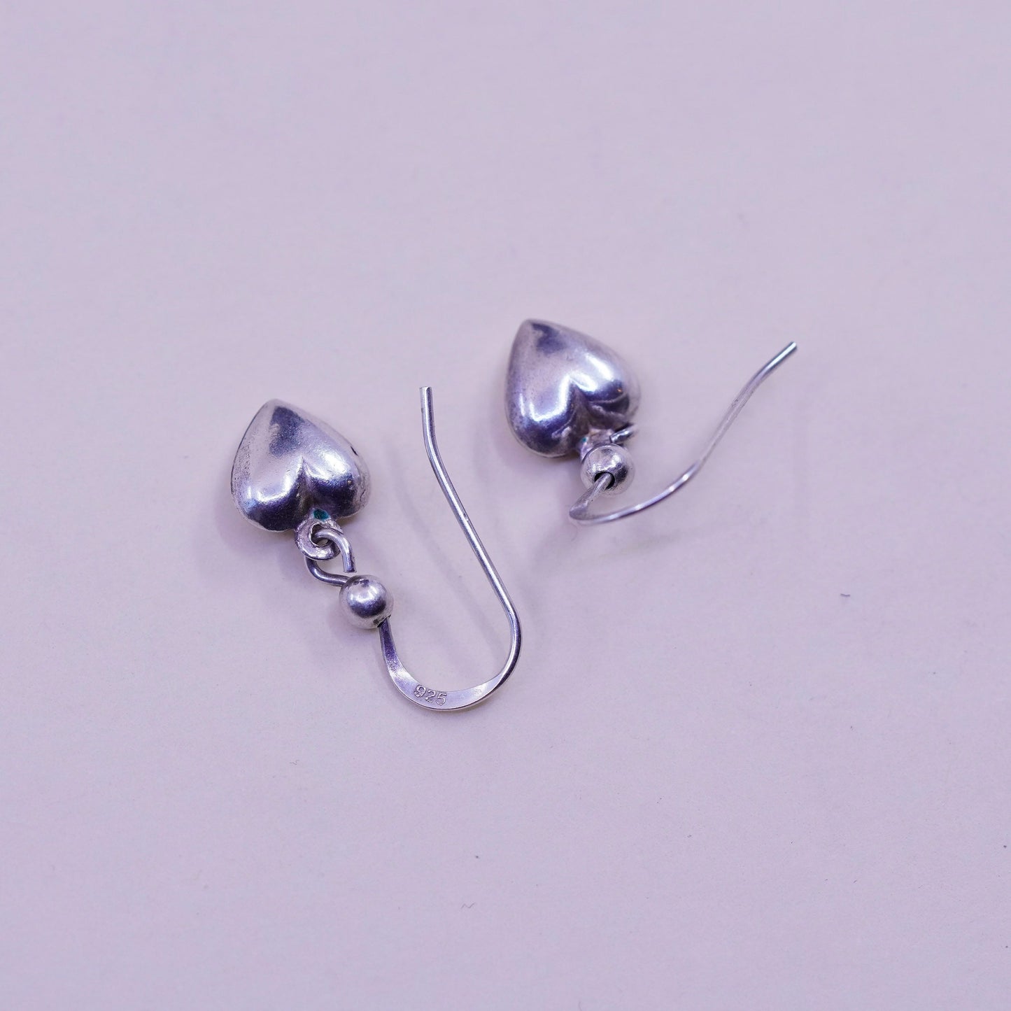 Vintage sterling silver handmade earrings, 925 heart dangles