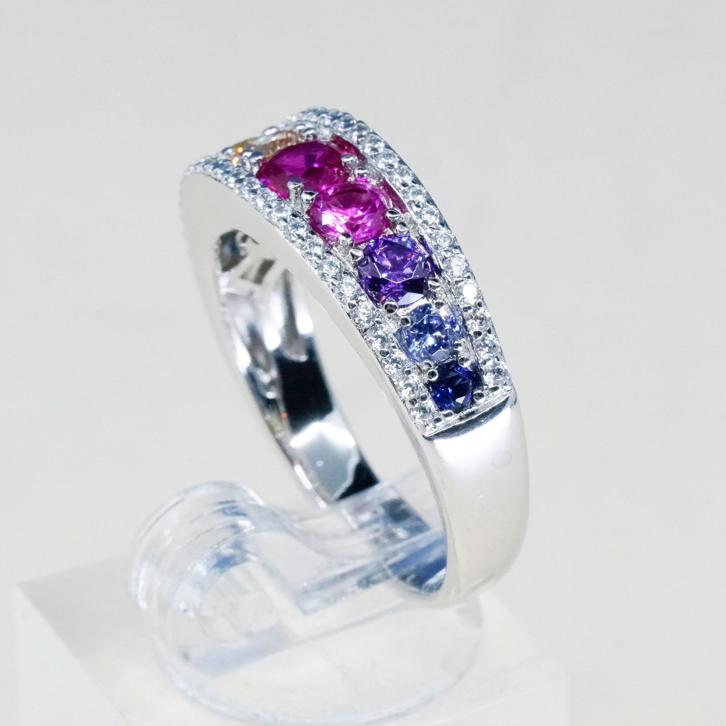 sz 9.25, vtg ET sterling silver handmade ring, 925 band w/ cluster colorful cz