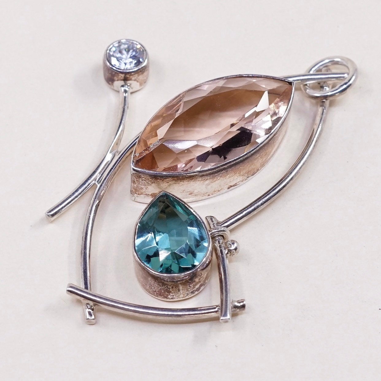 VTG modern sterling silver handmade pendant, 925 Mexico orange green topaz N cz