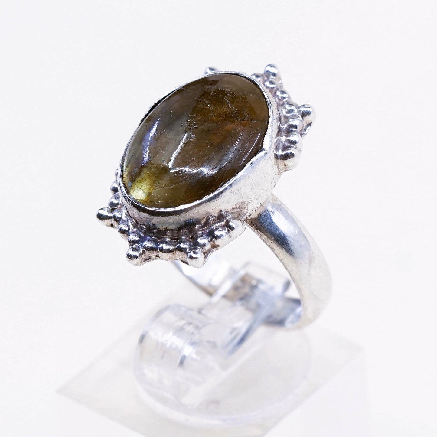 sz 7.5, vtg Sterling silver handmade ring, 925 w/ oval labradorite N beads
