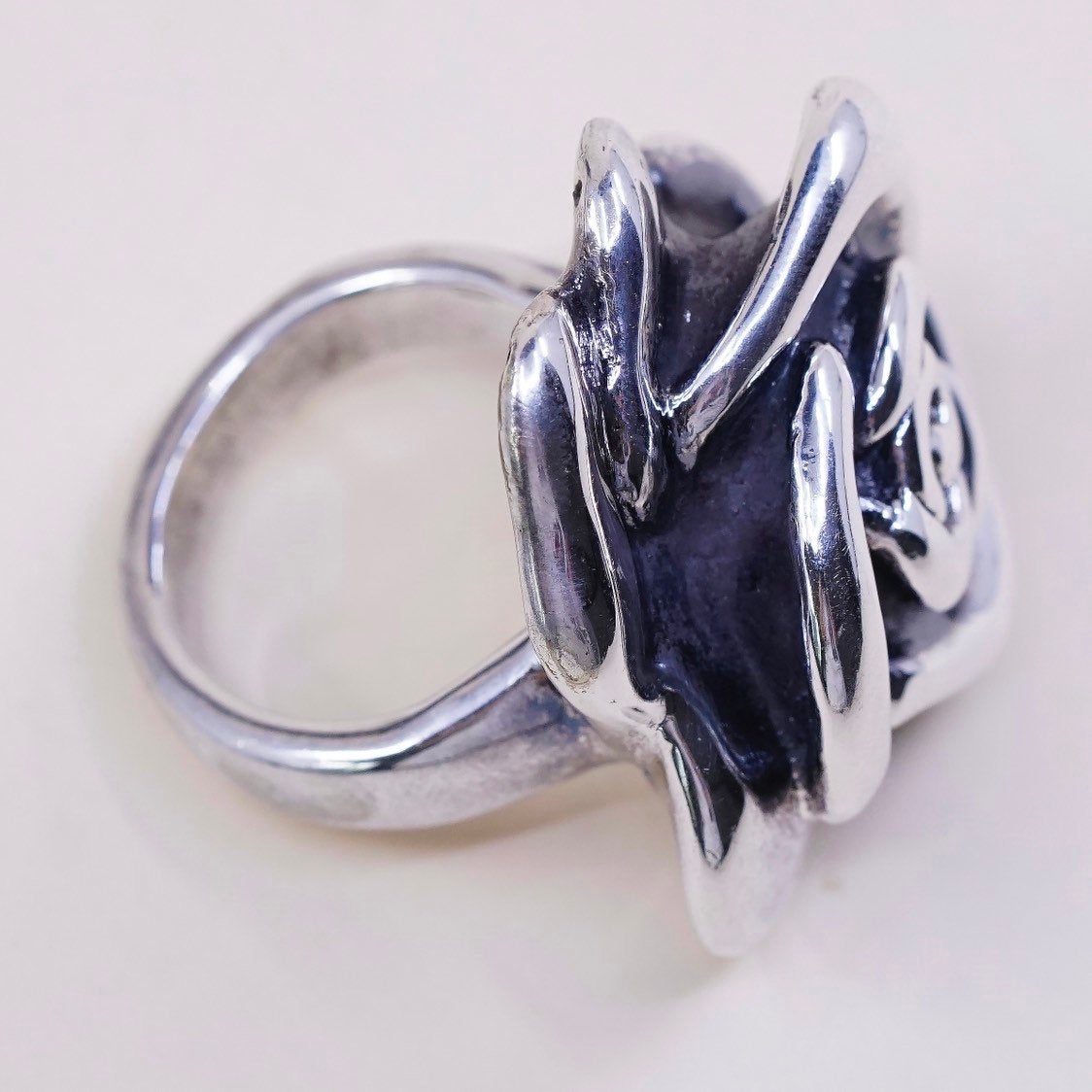 sz 6.75, vtg Sterling silver handmade ring, huge statement puffy 925 rose