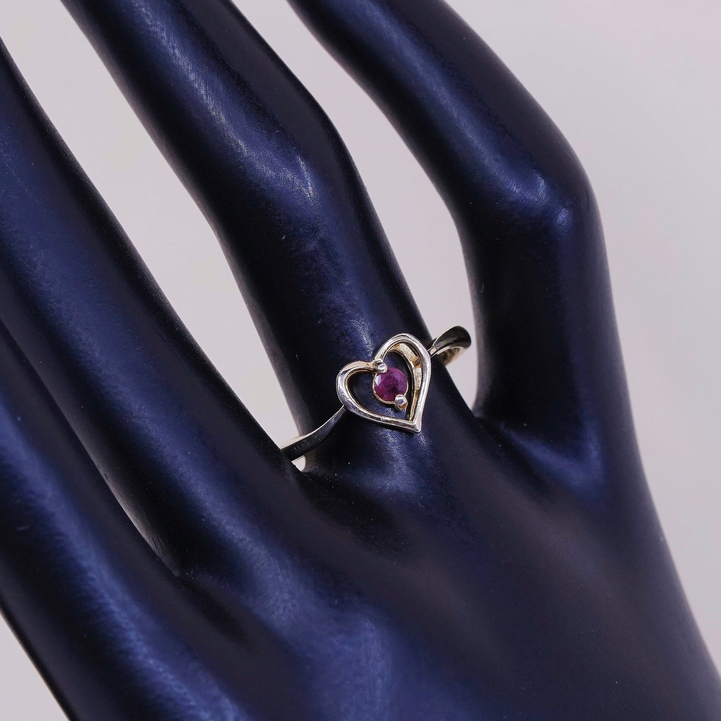 sz 8.25, VTG gold over sterling silver handmade ring, 925 heart with ruby
