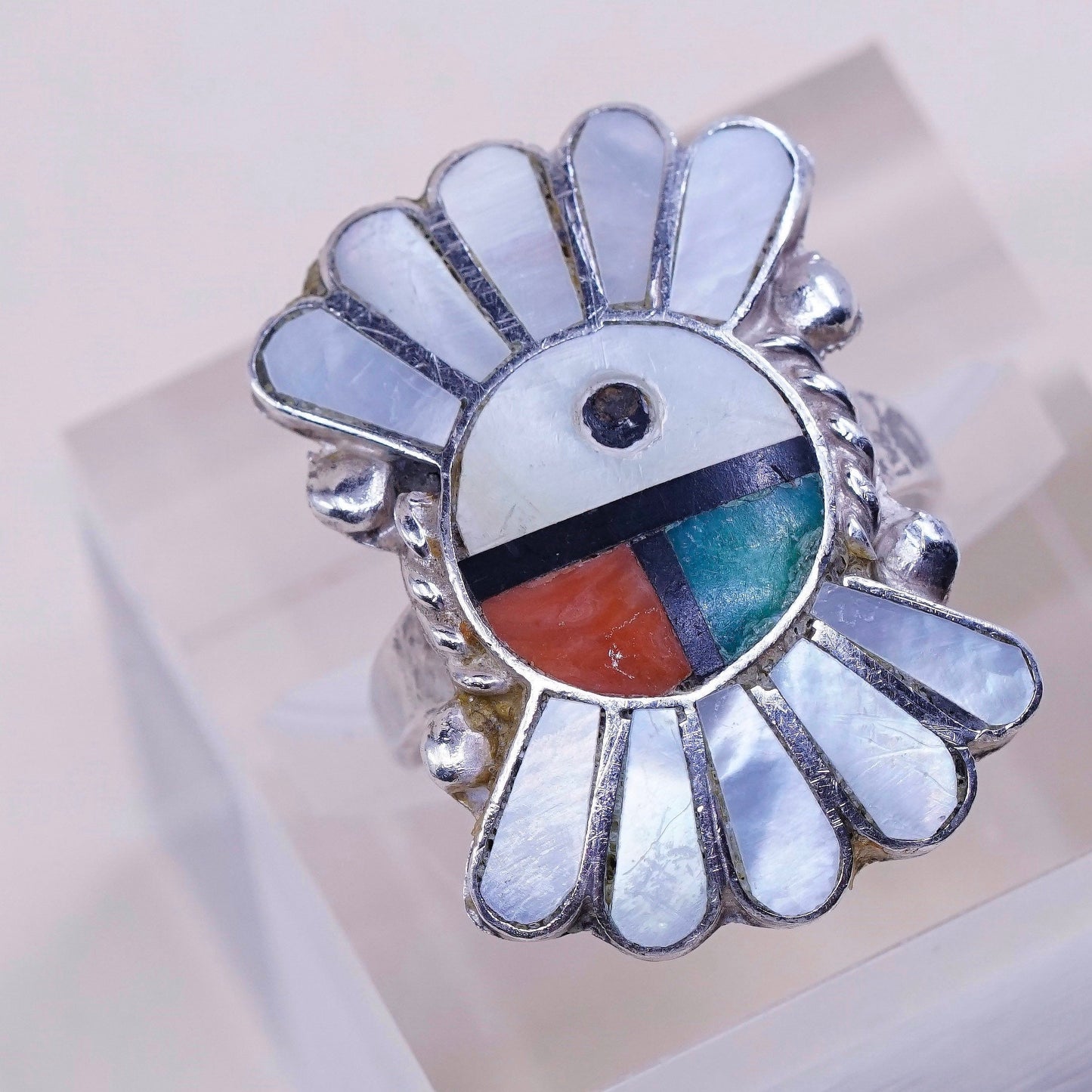 sz 6, sterling silver handmade 925 w/ coral N turquoise, Zuni Tewa sun ring