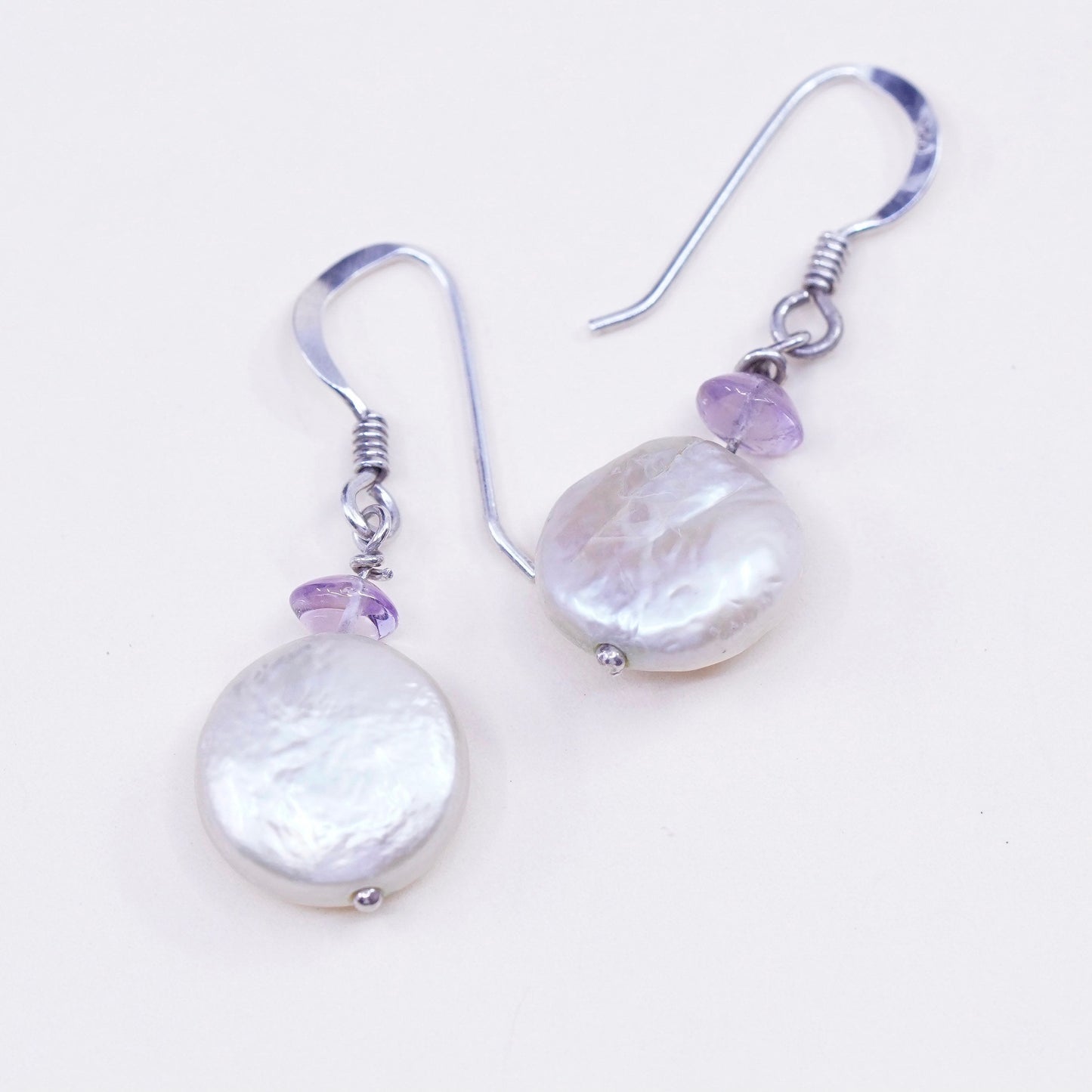 Vintage sterling silver handmade earrings, 925 dangles with coin pearl
