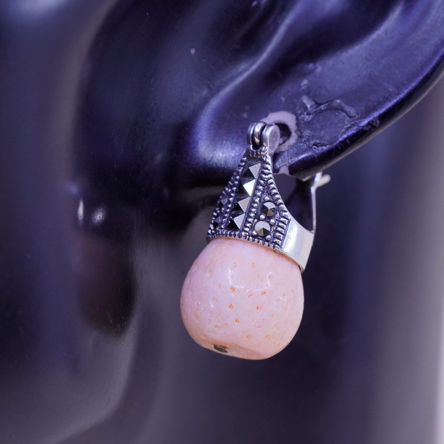 Vintage sterling 925 silver handmade earrings, coral with marcasite details