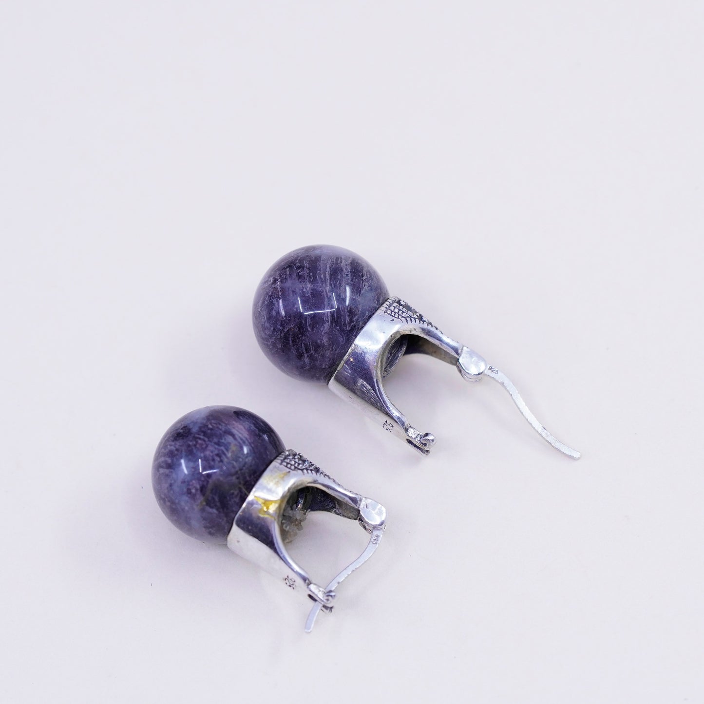 Vintage handmade 925 Sterling earrings, 925 Huggie with agate beads marcasite