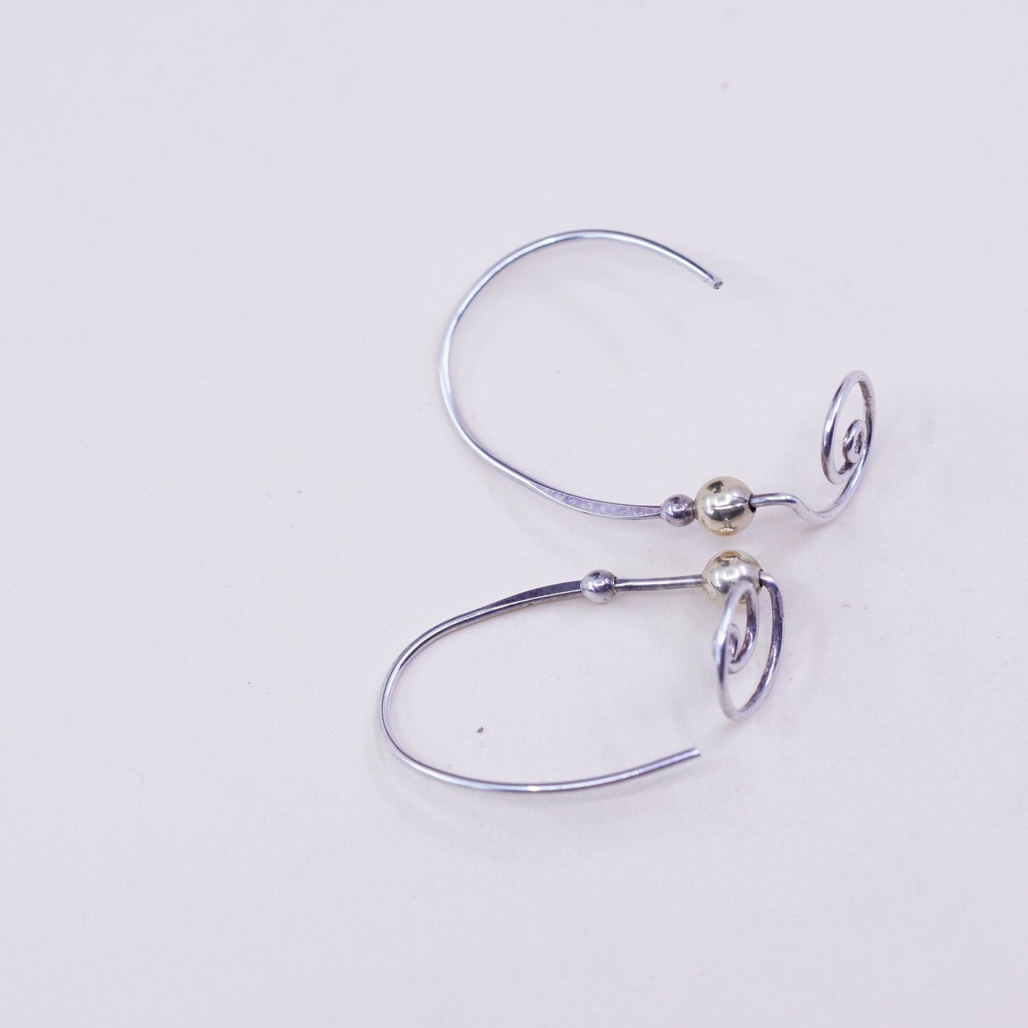 Vintage two tone Sterling silver handmade earrings, 925 swirl with 14K gold beads, silver and gold tested