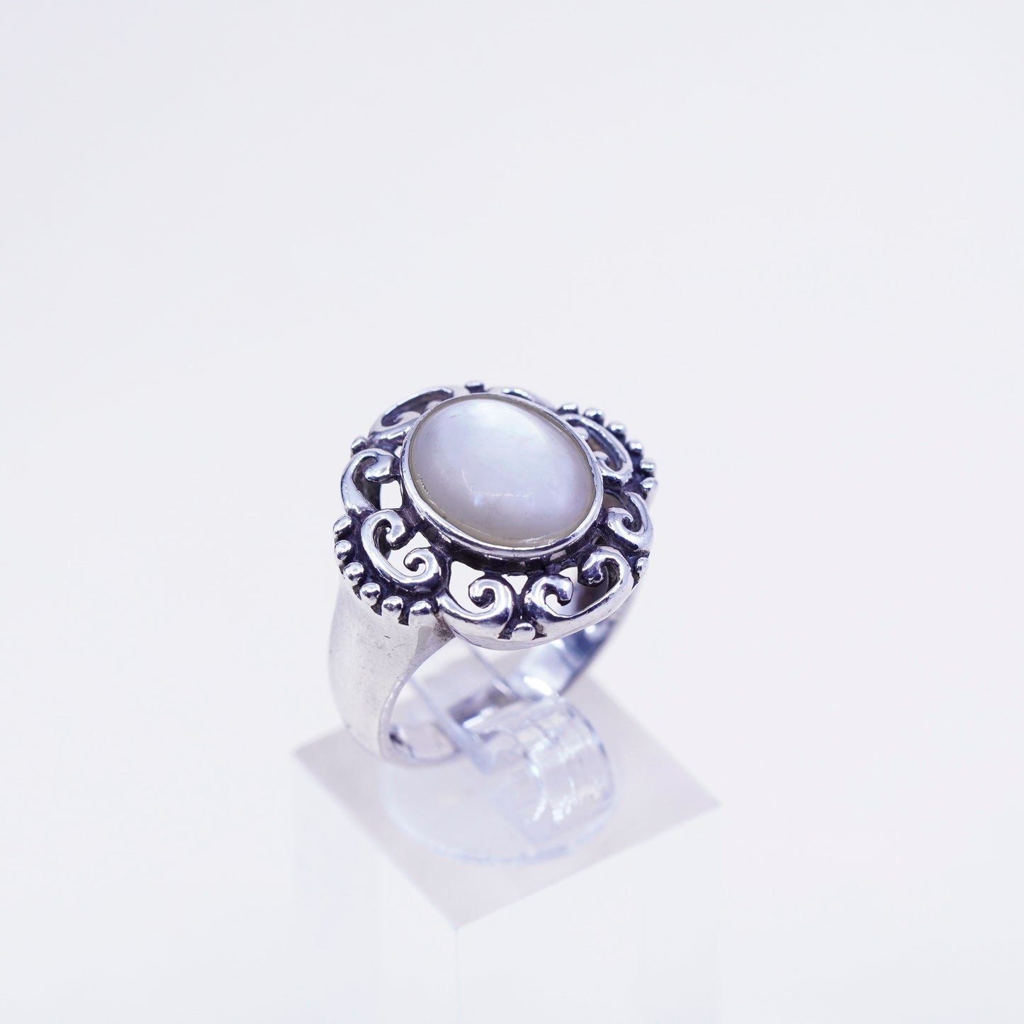 Size 8.25, vintage CFJ sterling 925 silver handmade filigree ring w/ moonstone