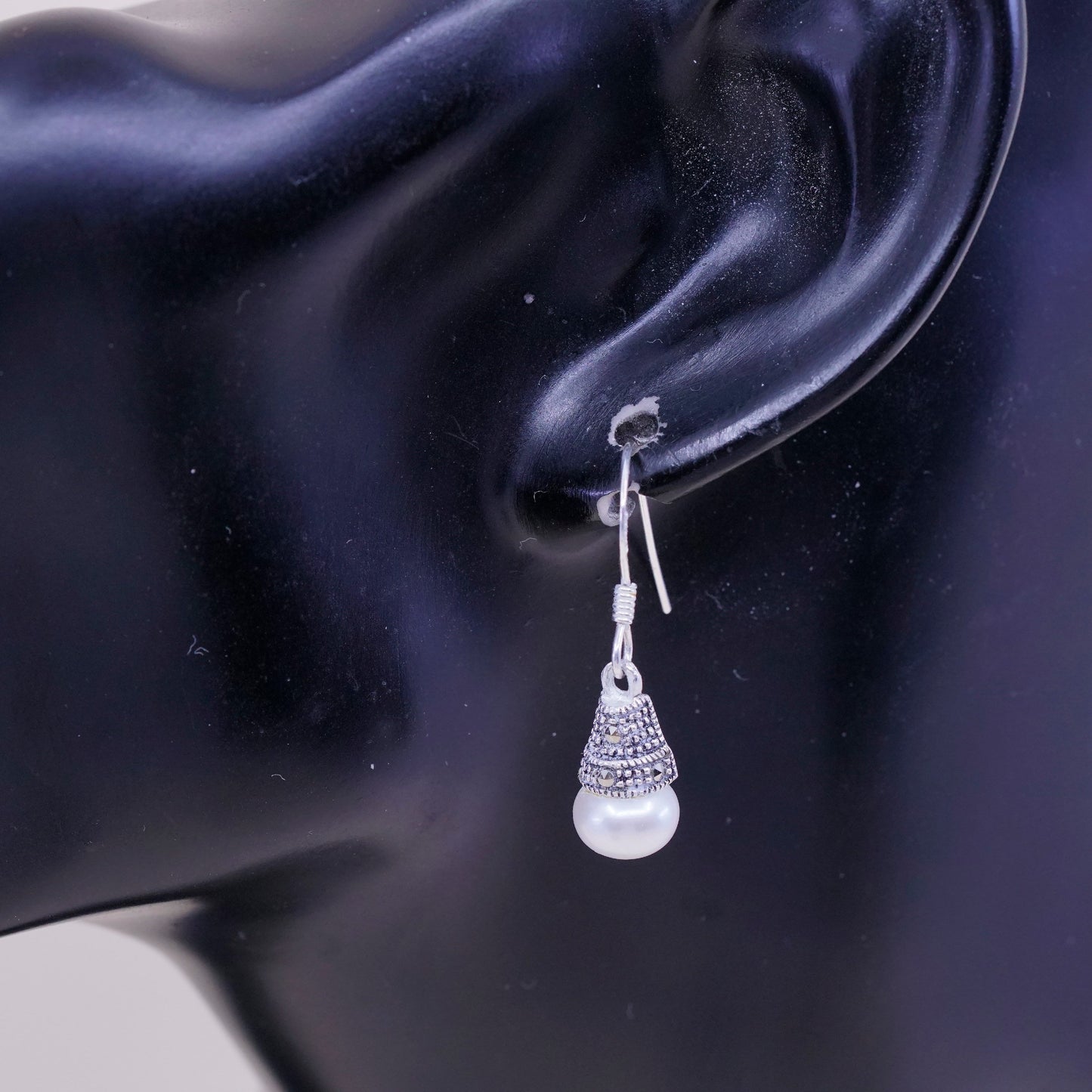 vtg Sterling silver handmade earrings, 925 teardrop with Marcasite and pearl