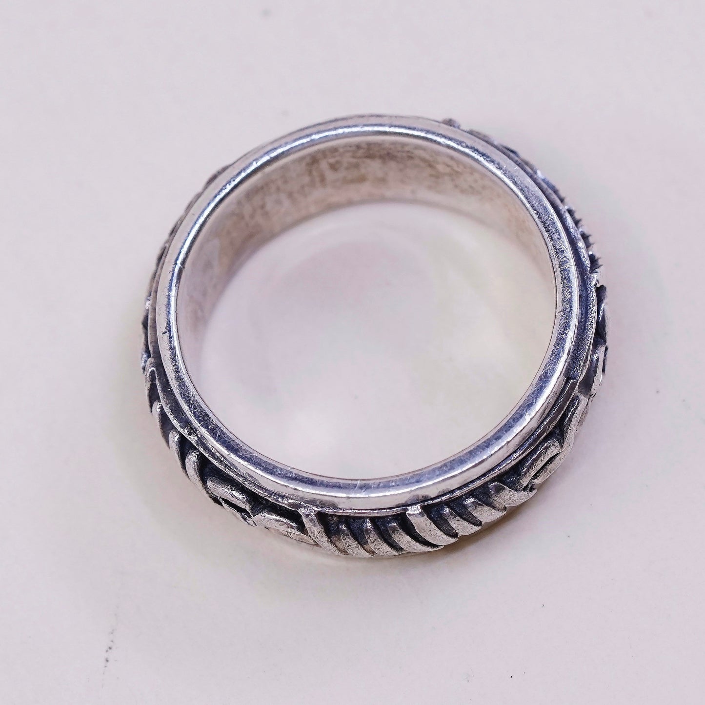 sz 10, vtg sterling silver handmade ring, 925 spinner roller band w/ cable