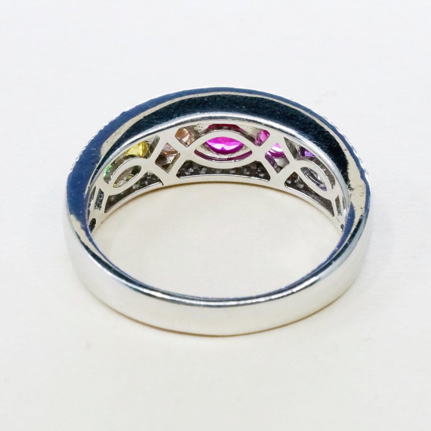 sz 9.25, vtg ET sterling silver handmade ring, 925 band w/ cluster colorful cz