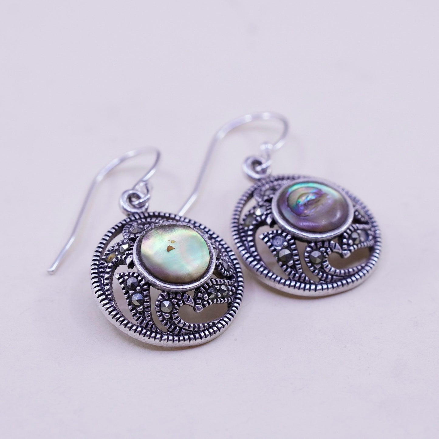 Vintage Sterling silver handmade earrings, 925 circle with abalone marcasite