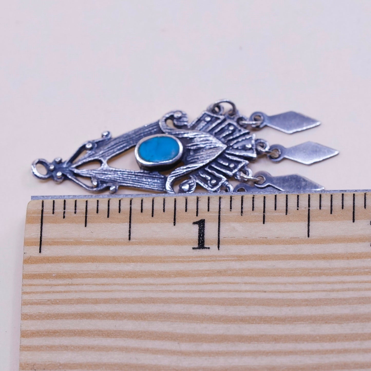 Sterling silver handmade pendant, 925 charm with turquoise and fringe dangles