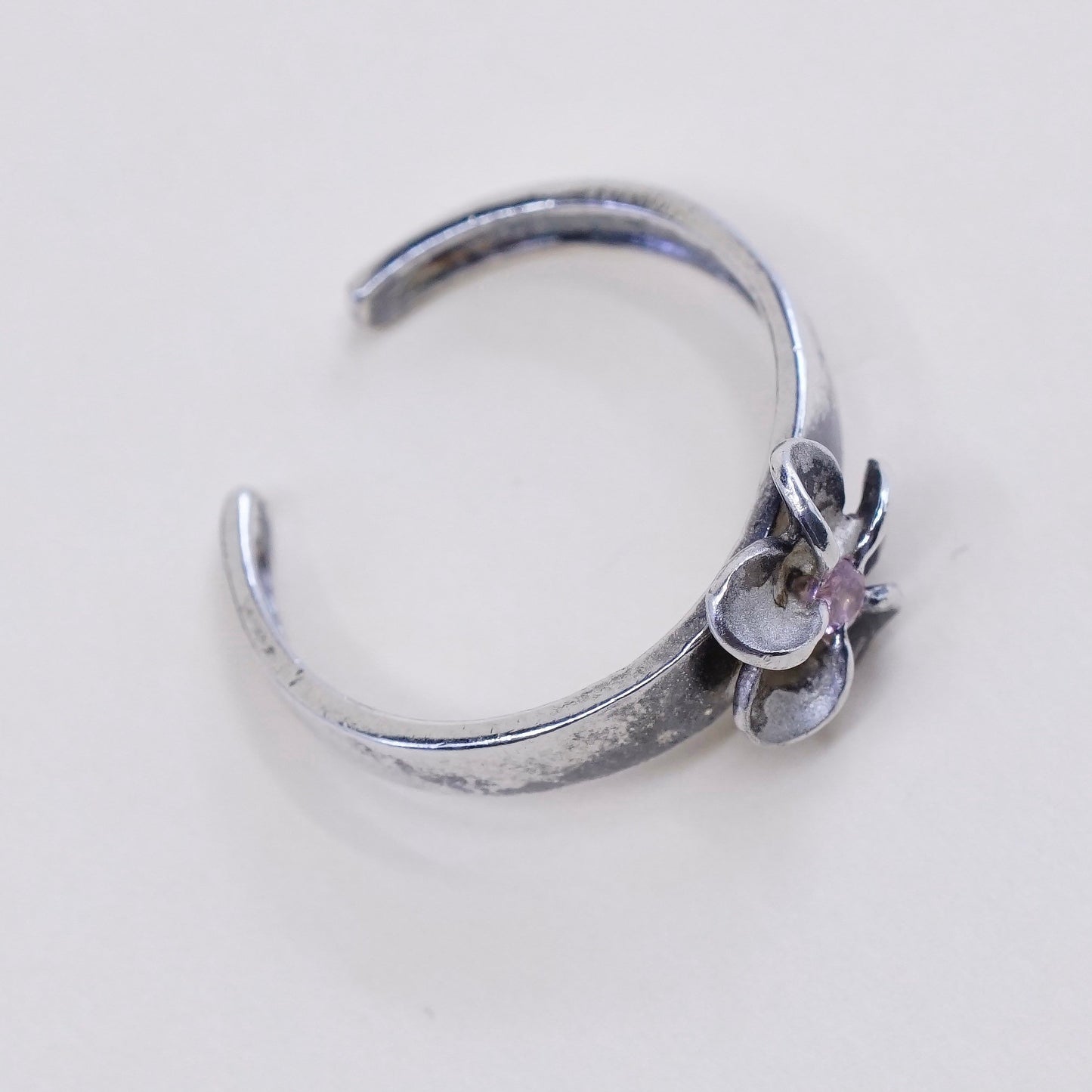 Size 4, Vintage sterling 925 silver plumeria flower with pink Cz ring