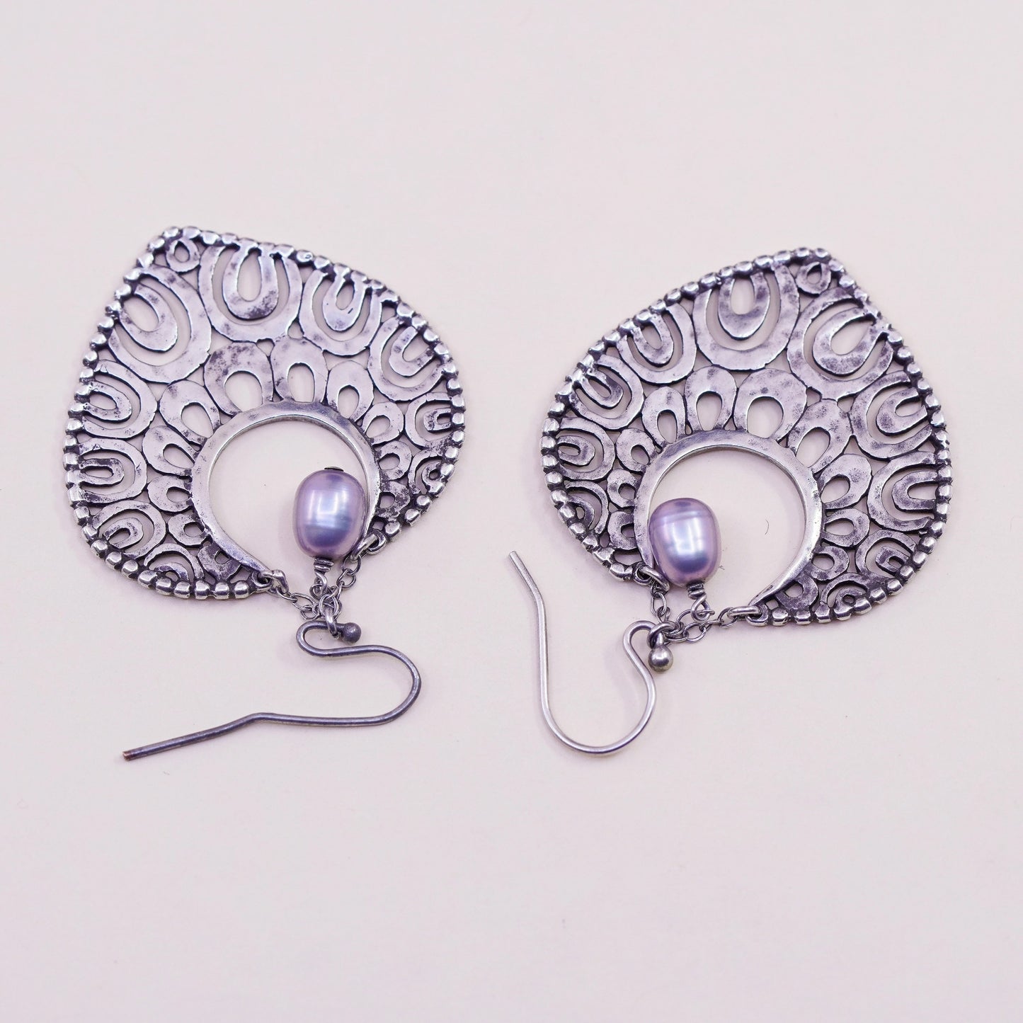 Indonesia Sterling silver handmade earrings, 925 filigree teardrop pearl beads