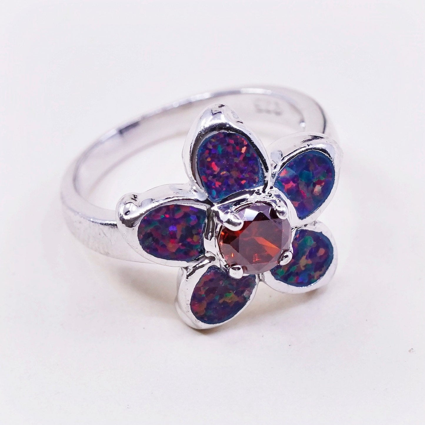 sz 6, Sterling 925 silver handmade flower ring w/ fire opal and ruby