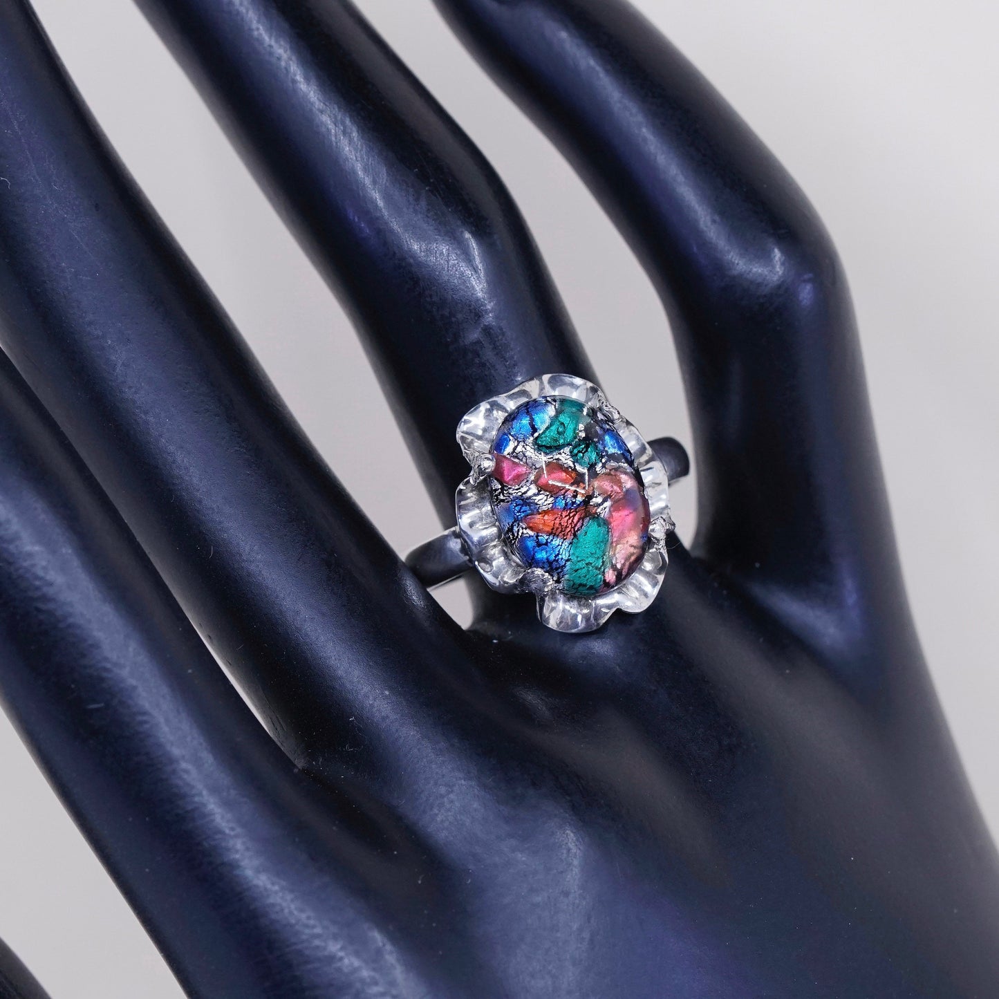 Size 9, vintage mexico sterling 925 silver handmade crown ring w/ foiled glass
