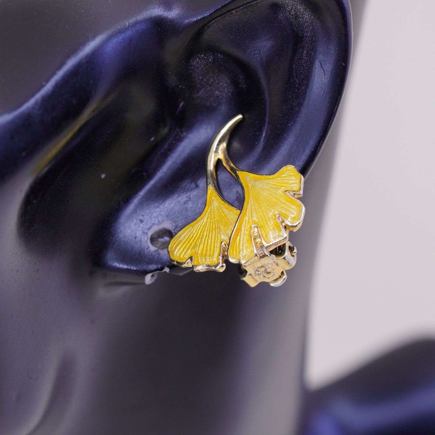 MMA Cleo Museum sterling silver earrings, 925 clip on enamel ginkgo leaves
