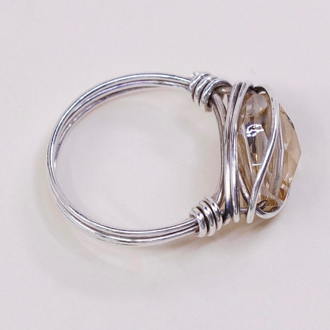 sz 6.75, sterling silver handmade ring, 925 wired ring w/ citrine glass