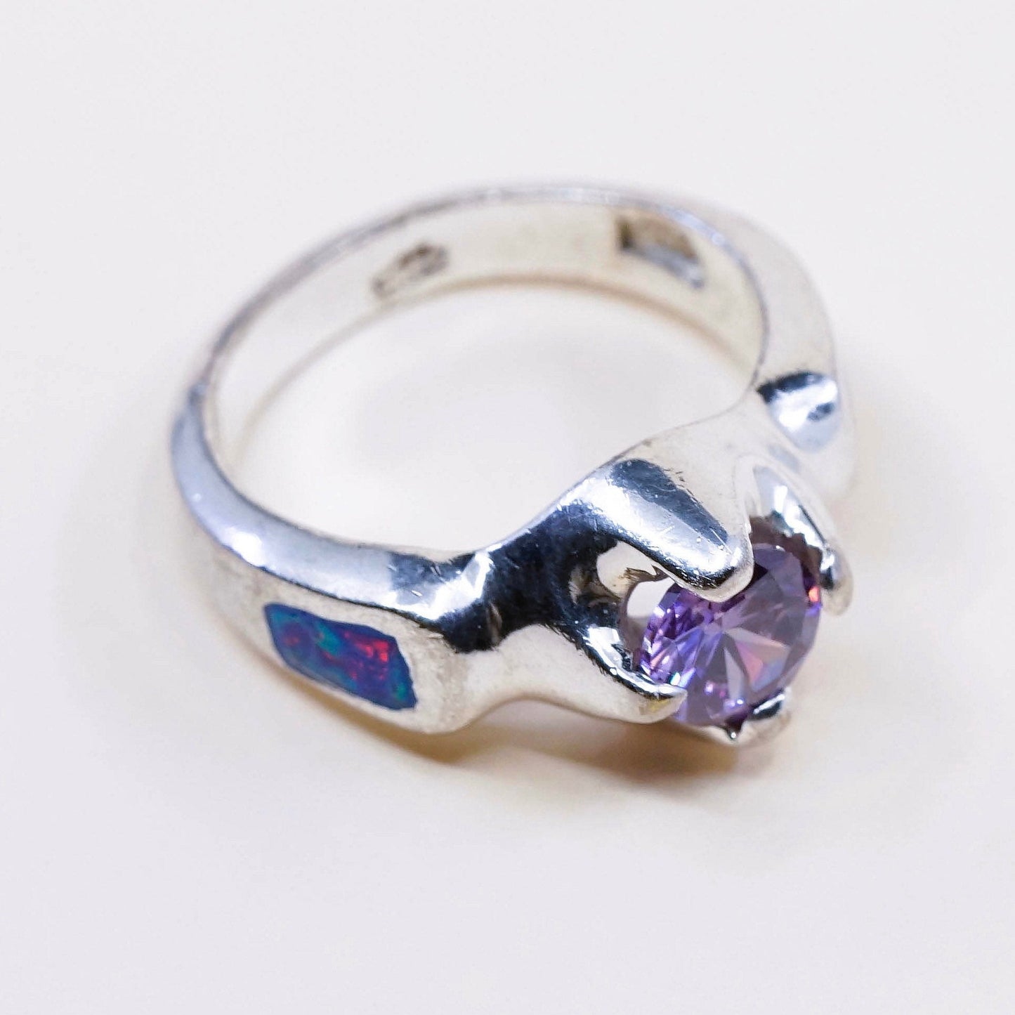 sz 6.25, vintage Sterling silver handmade ring, 925 band w/ opal N amethyst