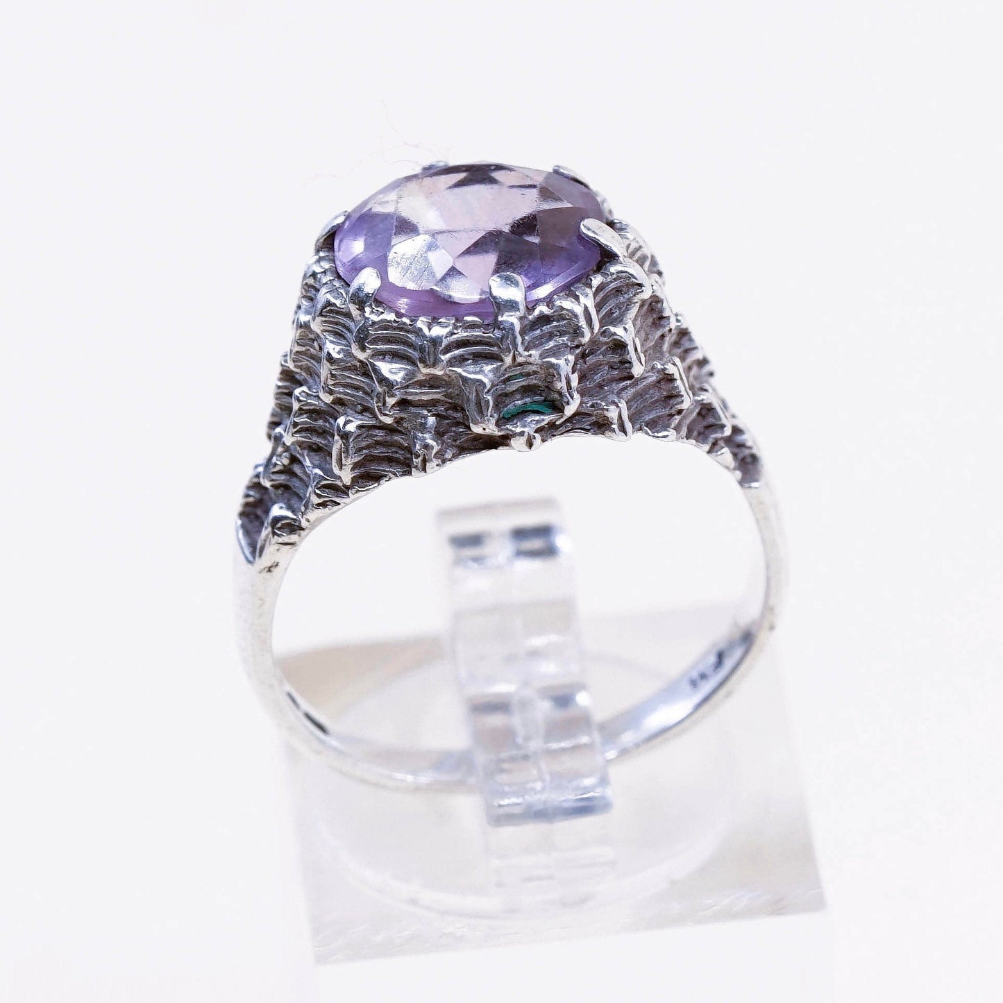 Size 6, vintage Sterling 925 silver handmade crown ring with amethyst