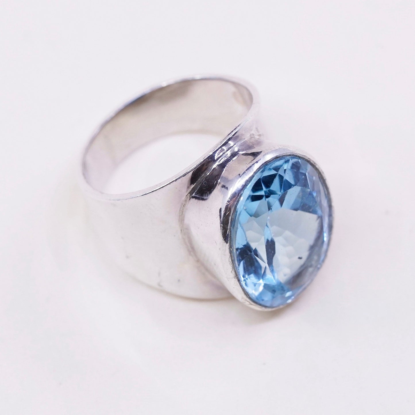 sz 7.5, vtg Sterling 925 silver handmade statement ring w/ blue topaz